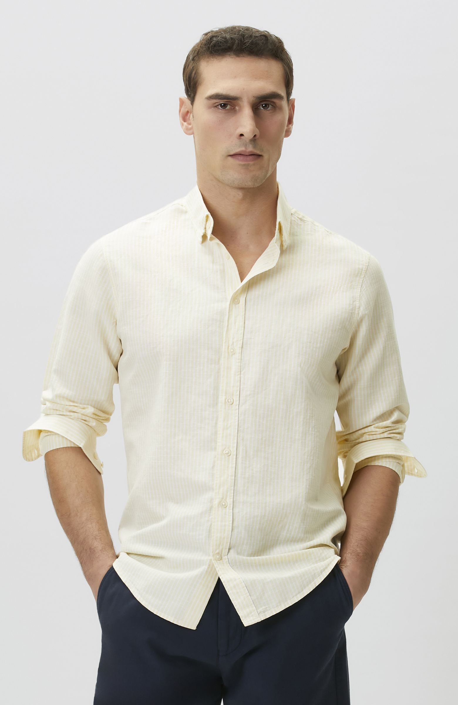 Sarı Keten Karışımlı Gofreli Çizgili Gömlek