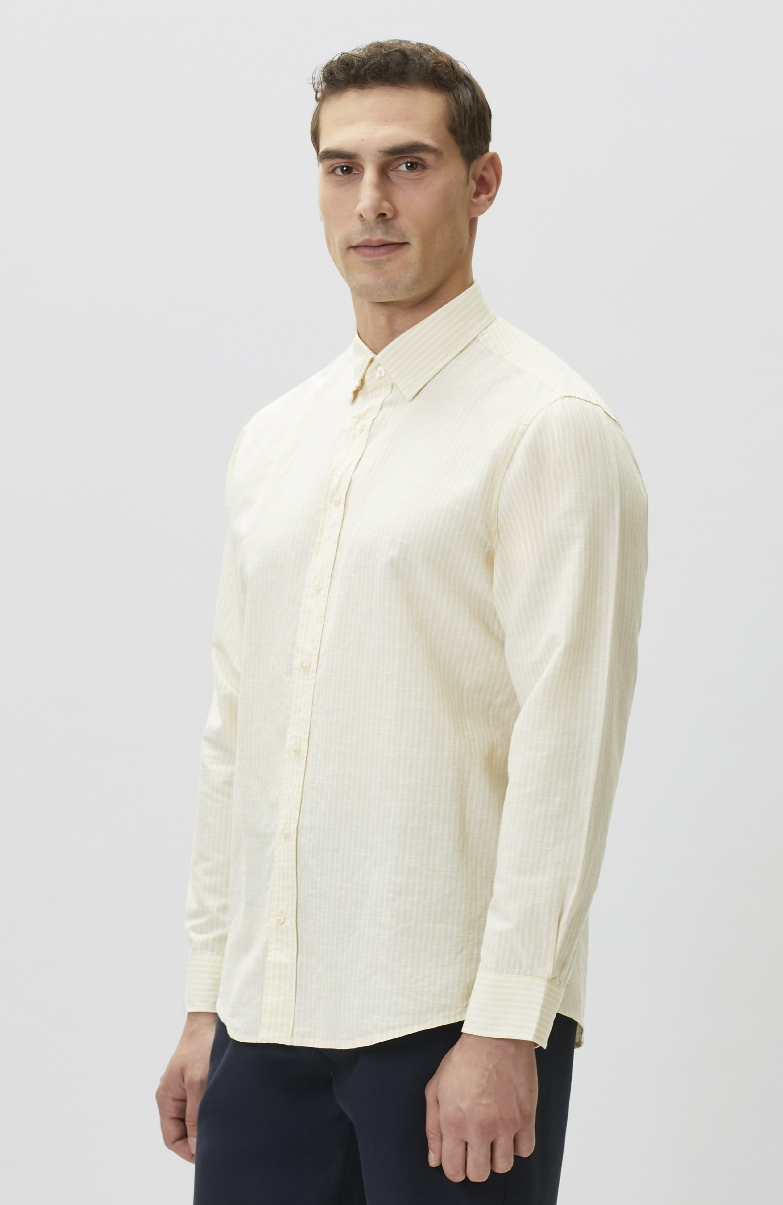 Sarı Keten Karışımlı Gofreli Çizgili Gömlek