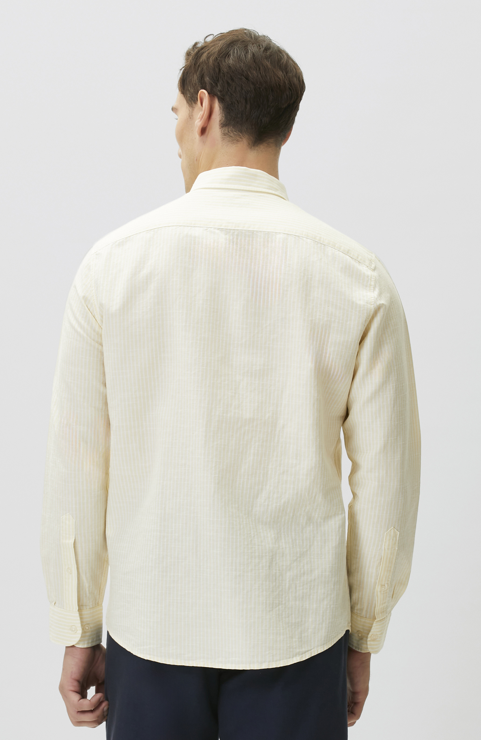 Sarı Keten Karışımlı Gofreli Çizgili Gömlek