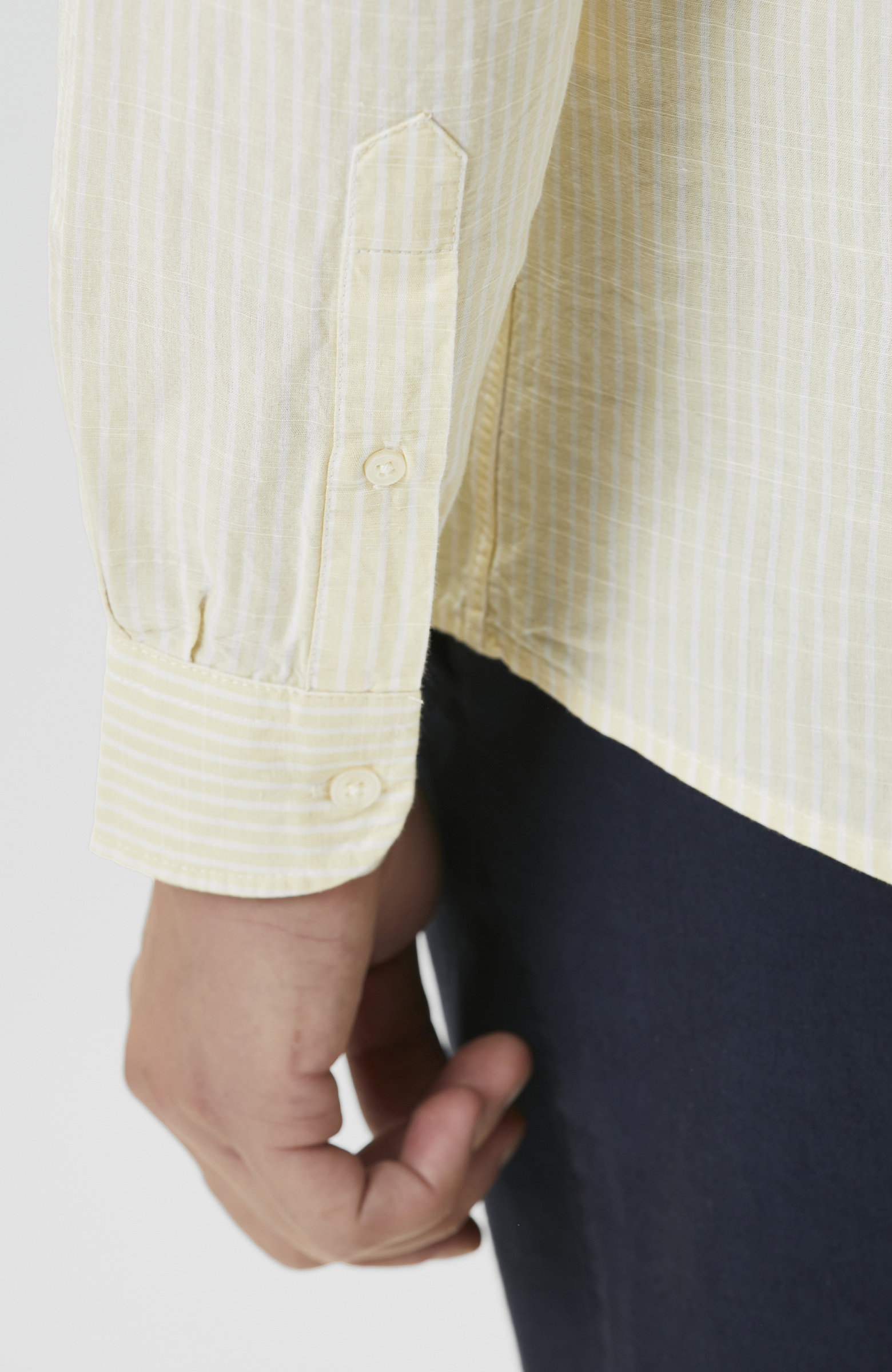 Sarı Keten Karışımlı Gofreli Çizgili Gömlek