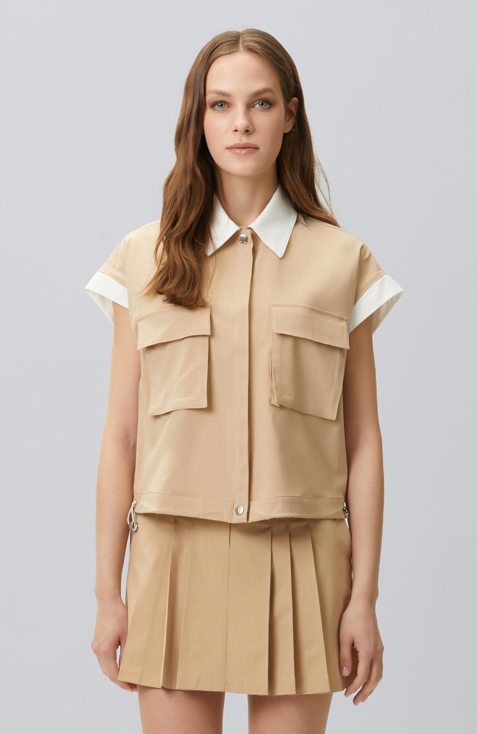 Bej N-tech Bel Büzgü Detaylı  Dış Gömlek