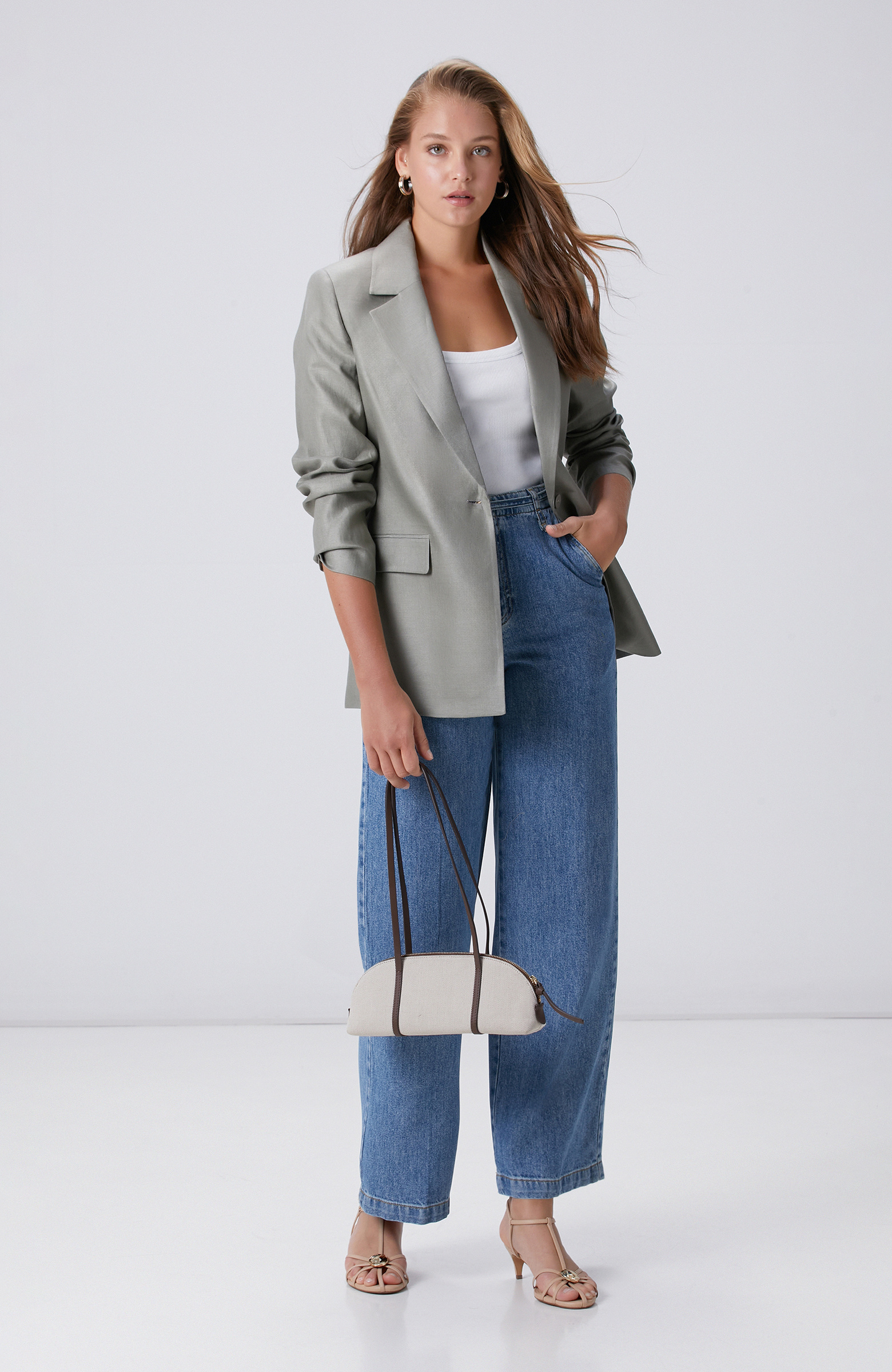 Açık Haki Kruvaze Kapama Keten Ceket