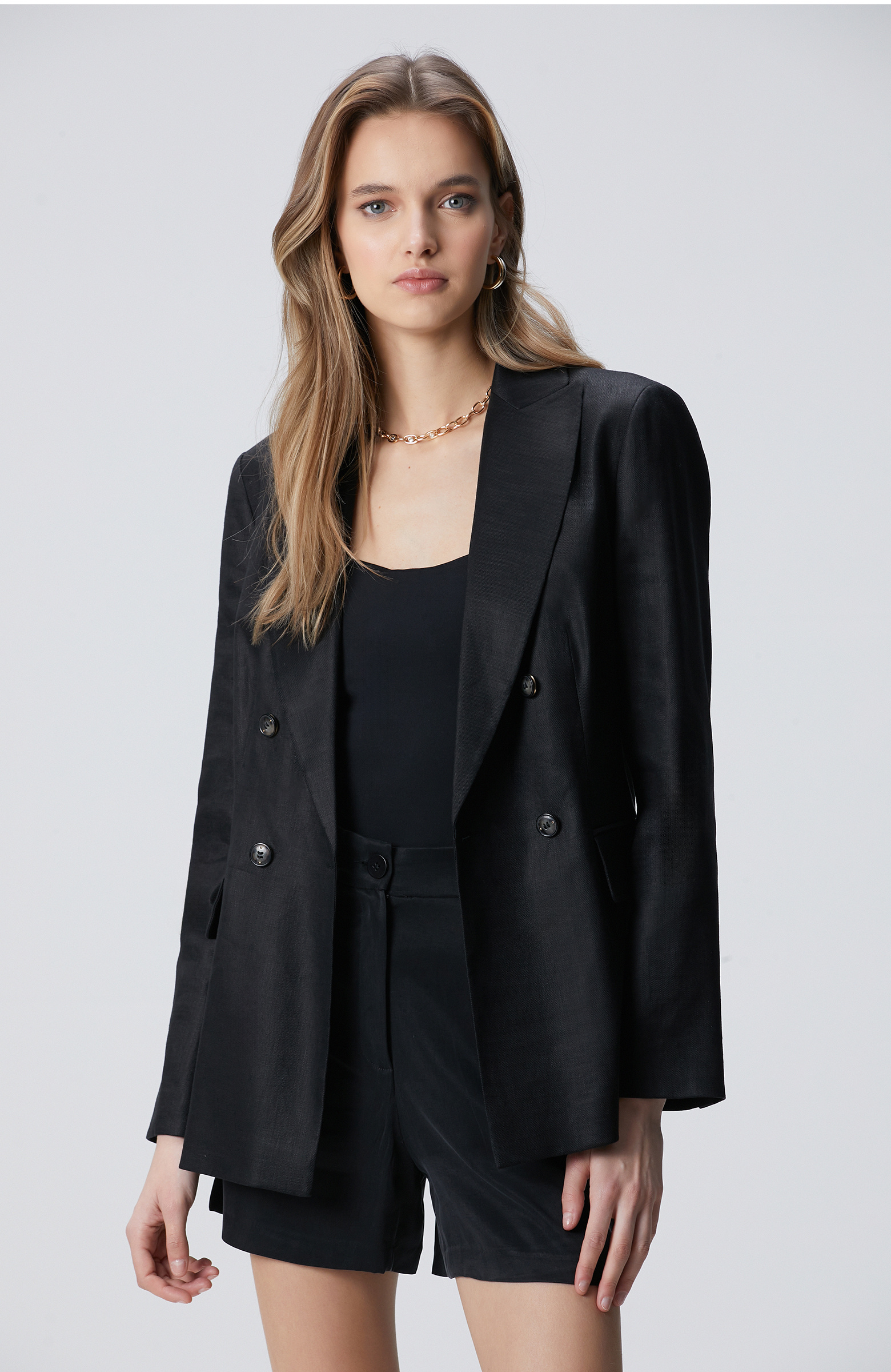 Black Double Breasted Linen Jacket