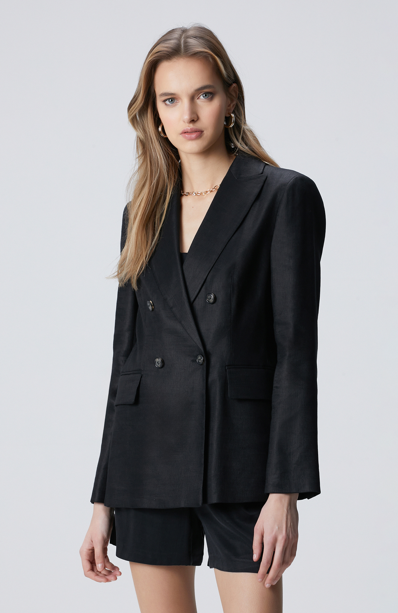 Black Double Breasted Linen Jacket