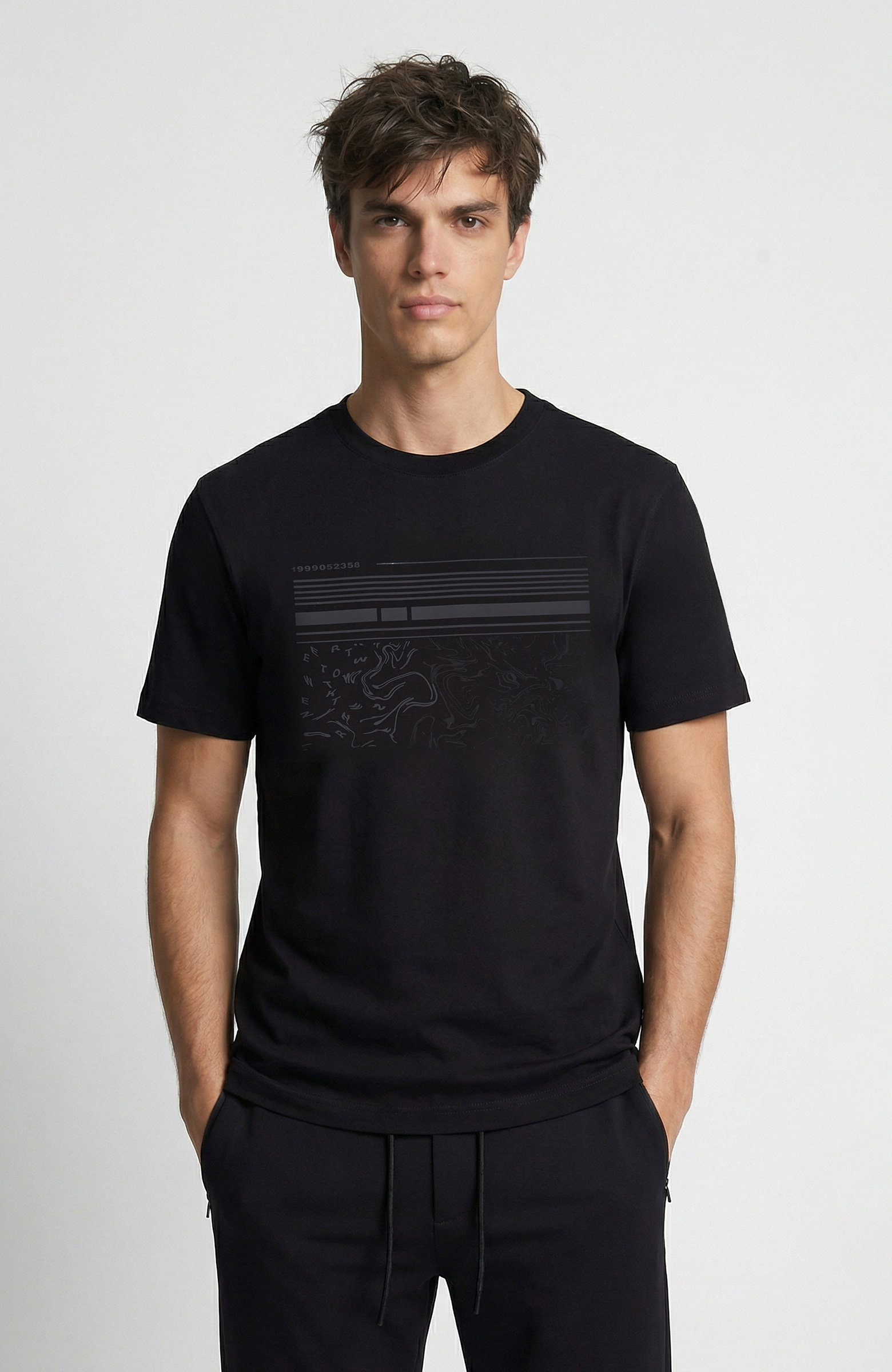 Siyah Mermer Enjeksiyon Baskılı T-shirt