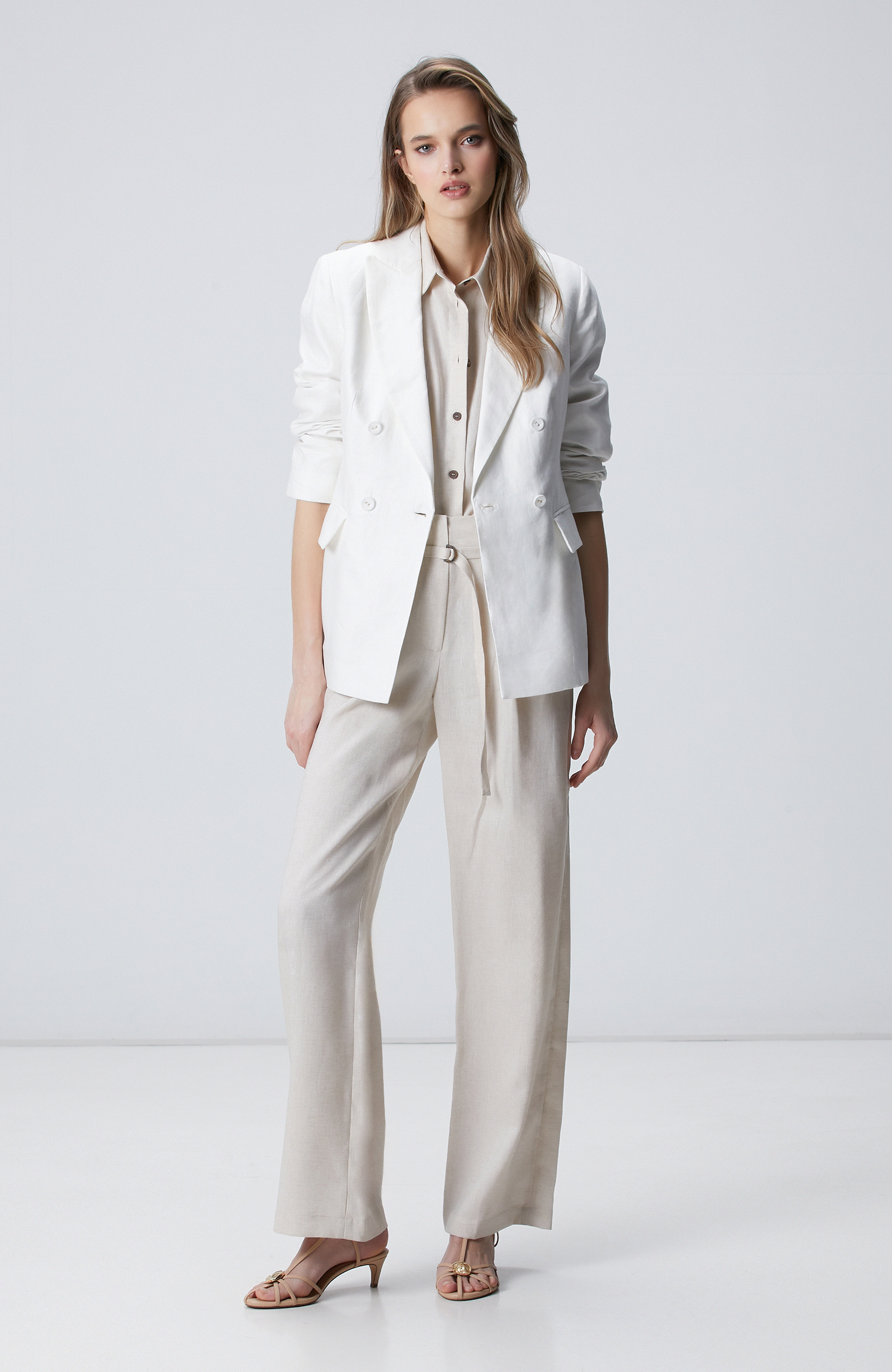 Beige Melange Belt Detailed Linen Trousers