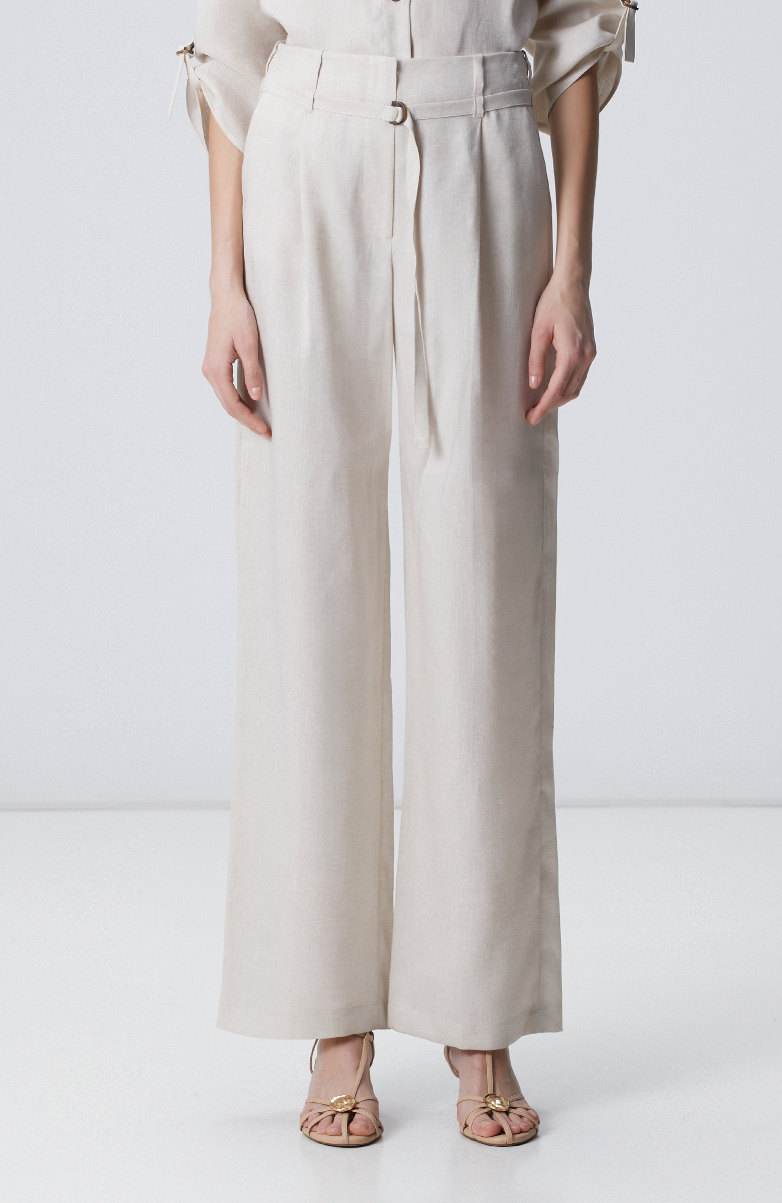 Beige Melange Belt Detailed Linen Trousers