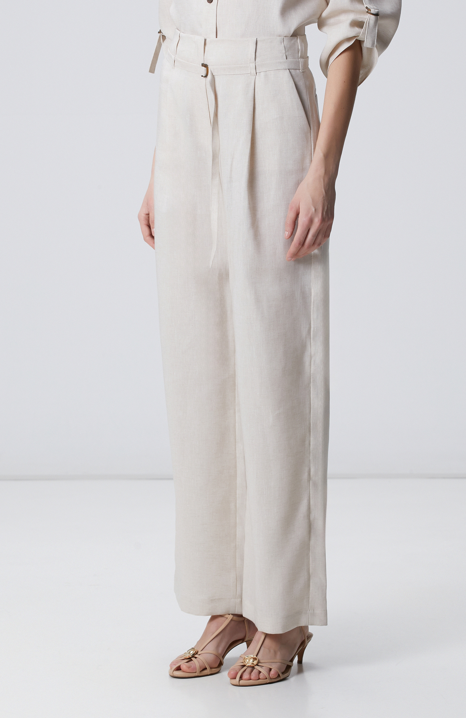 Beige Melange Belt Detailed Linen Trousers