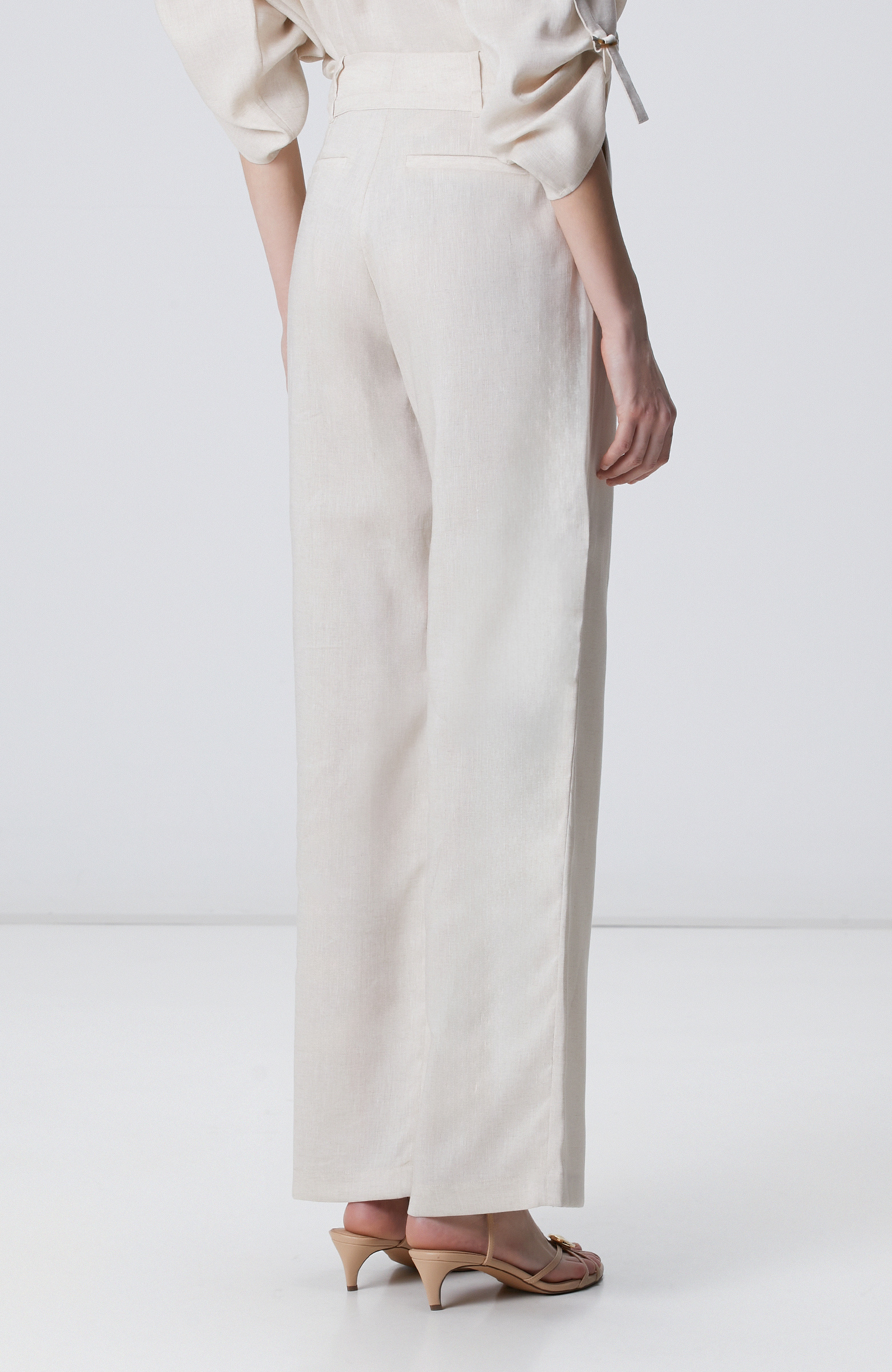 Beige Melange Belt Detailed Linen Trousers