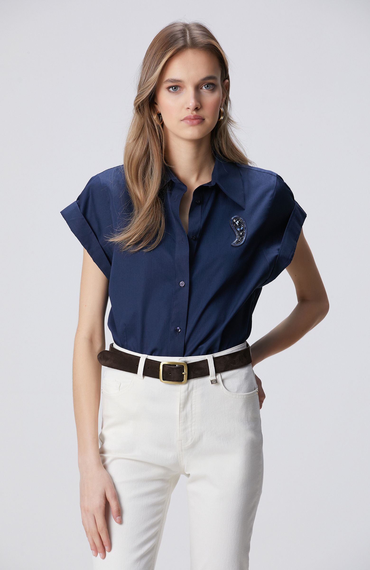Navy Blue Embroidered Shirt