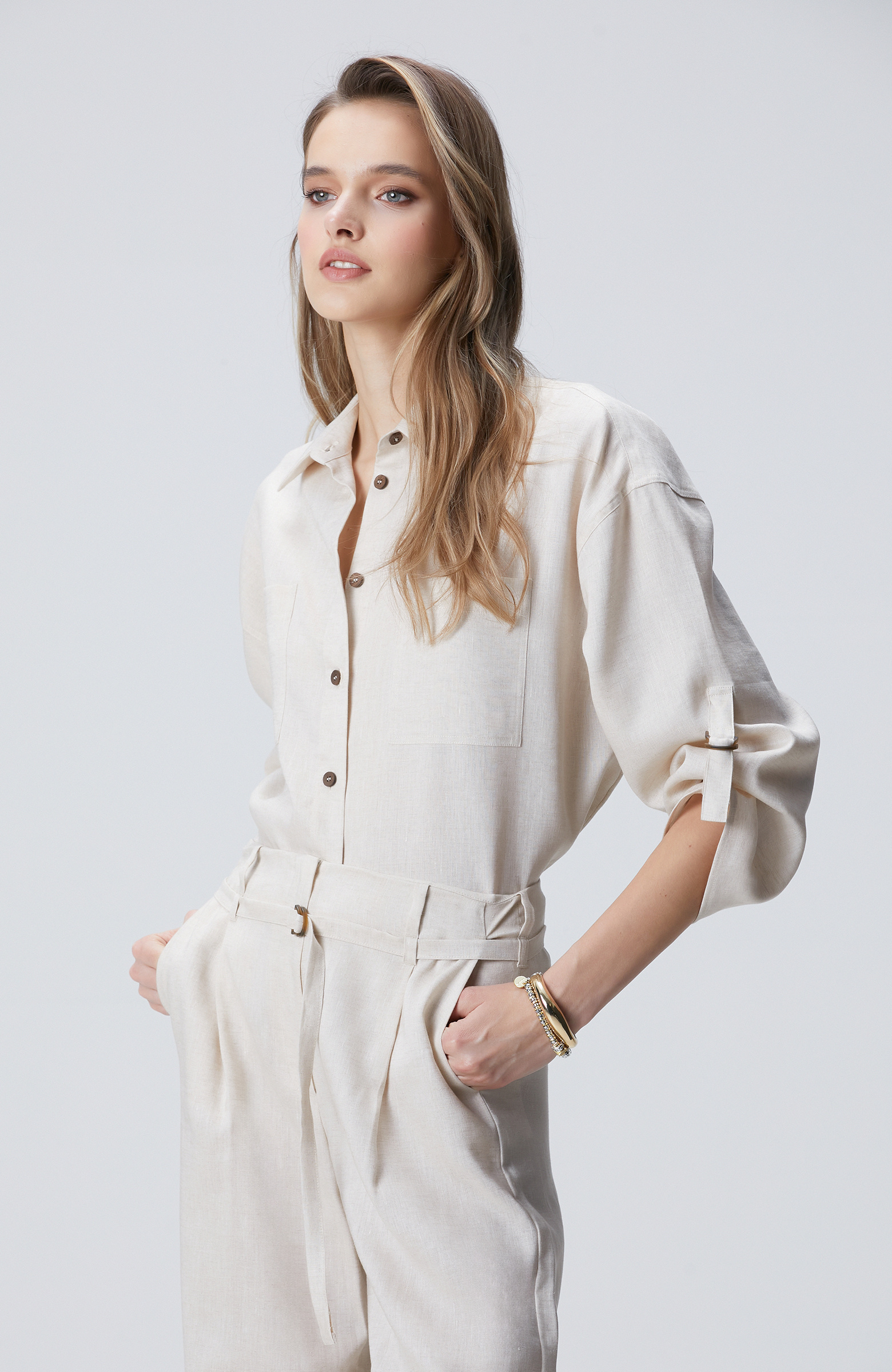 N-Green Beige Melange Linen Shirt