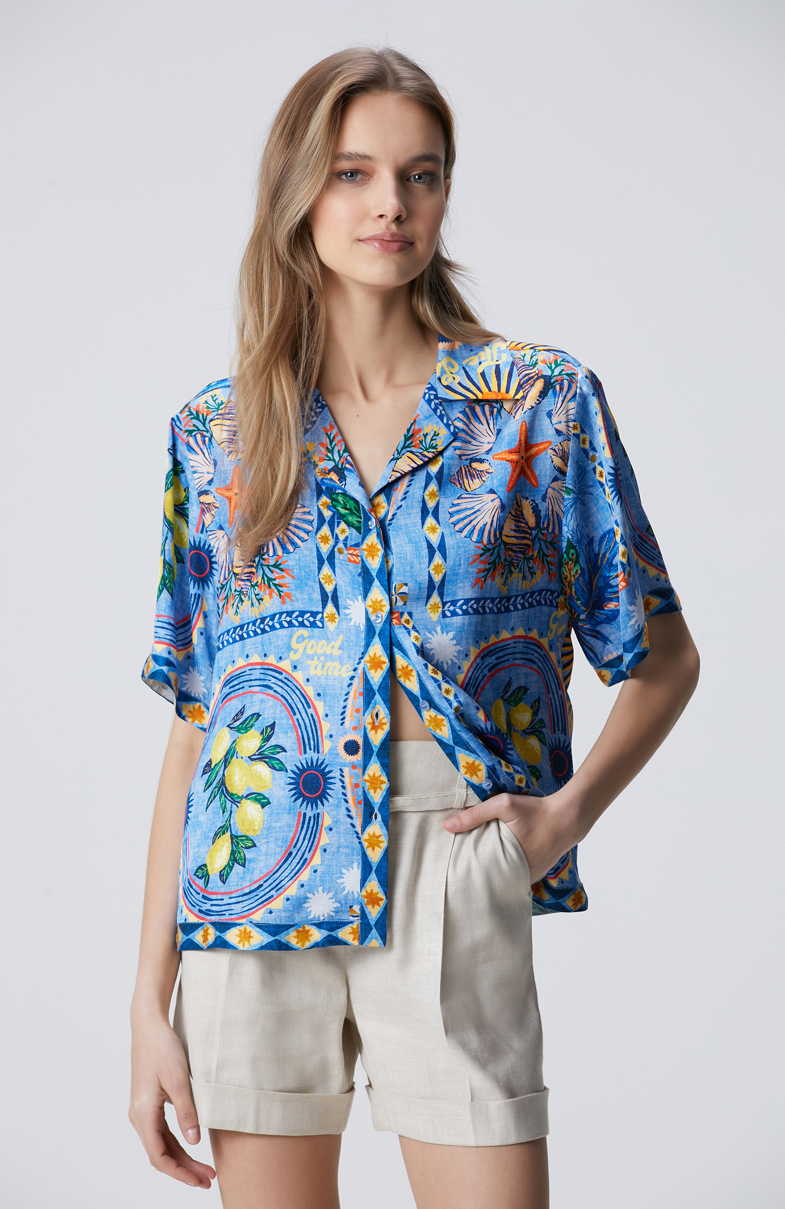 N-Green Color Patterned Viscose Shirt