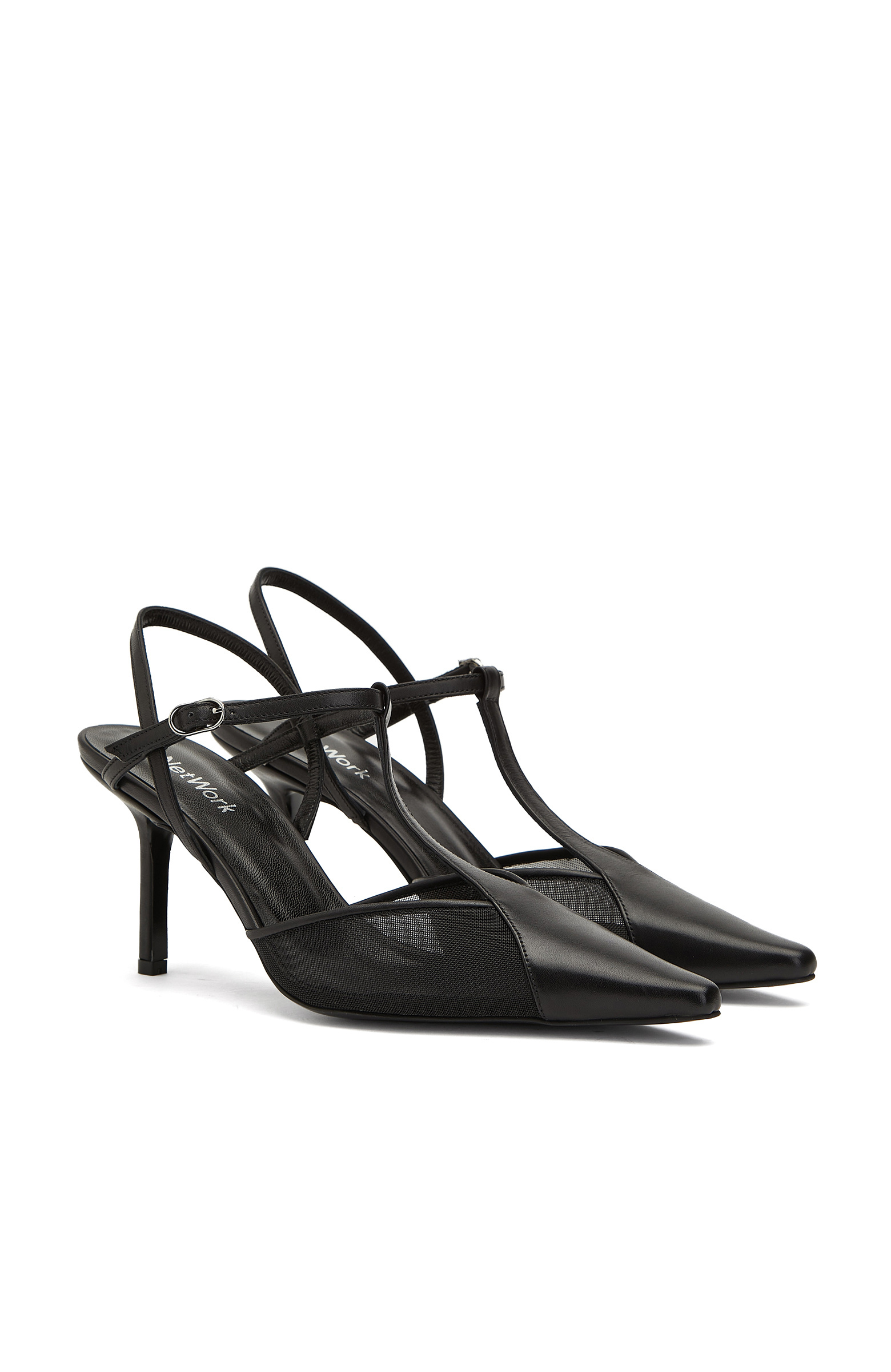 Siyah File Kumaş Detaylı Deri Stiletto