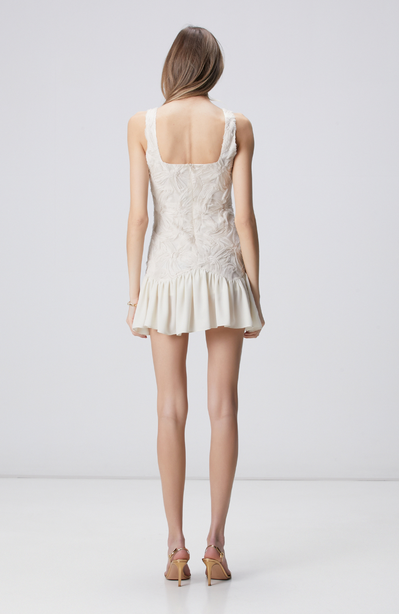 Kırık Beyaz Desenli Mini Abiye Elbise