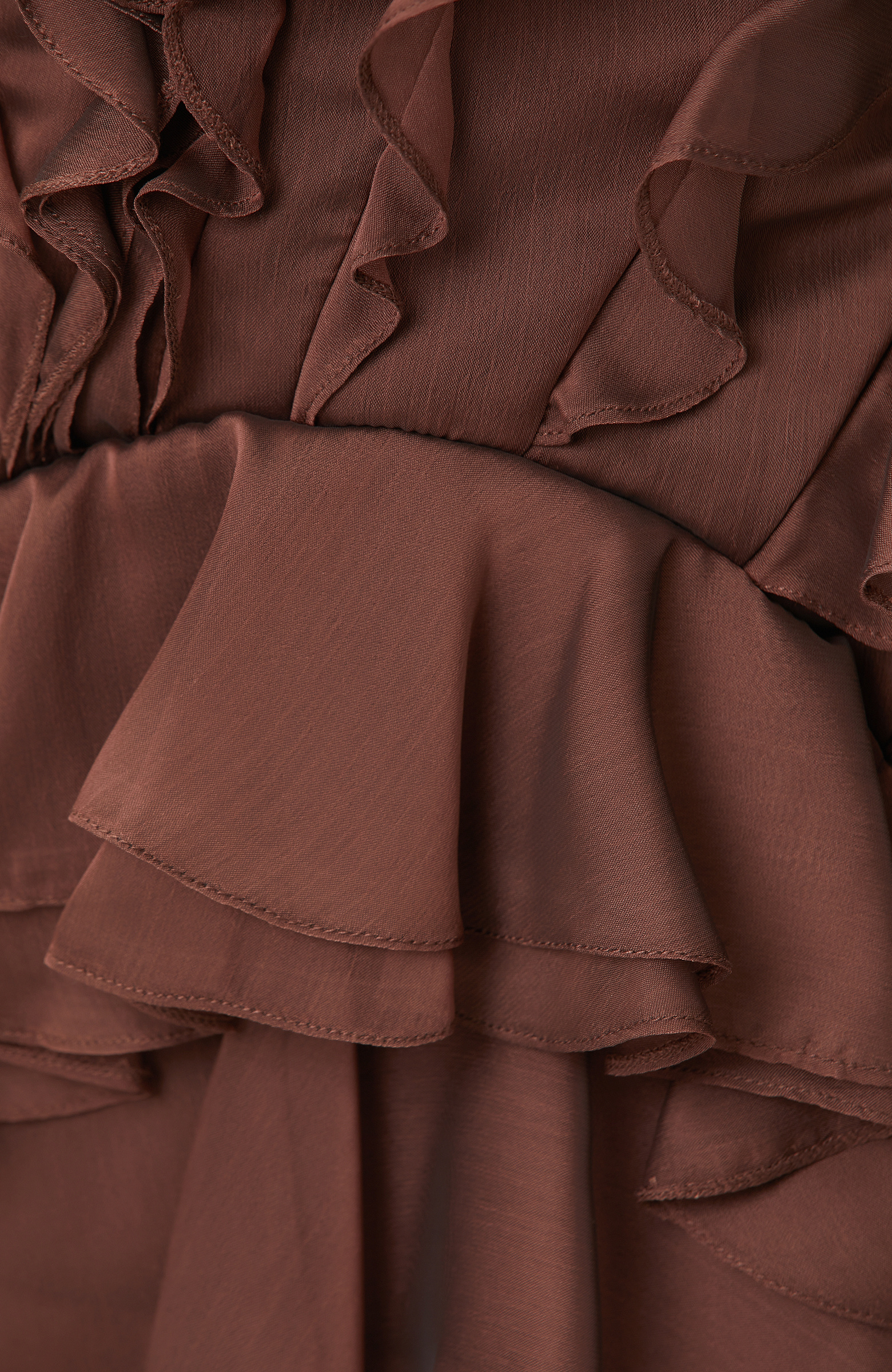 Kahverengi Volanlı Mini Abiye Elbise