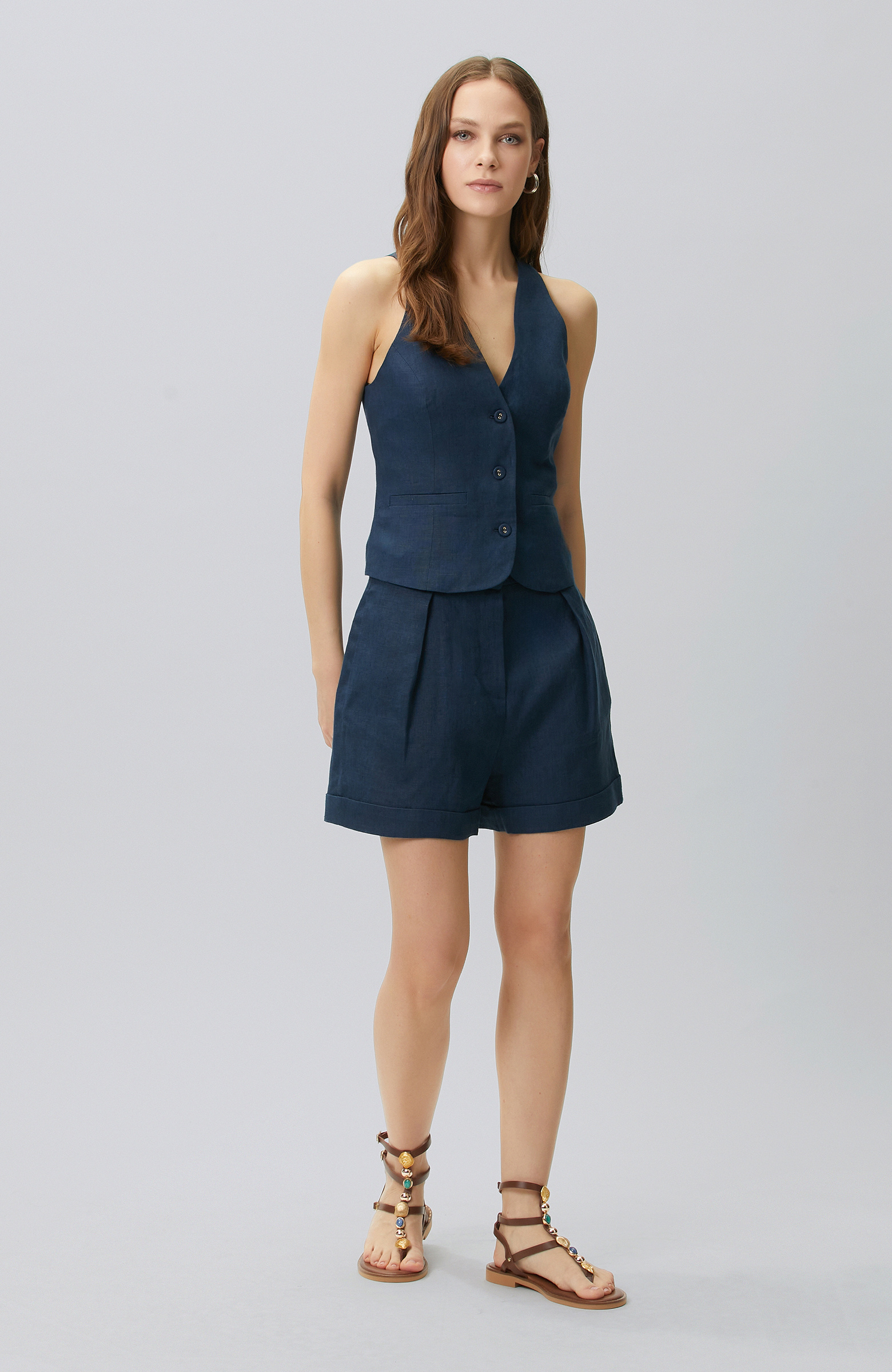 Navy Blue Double Leg Linen Shorts