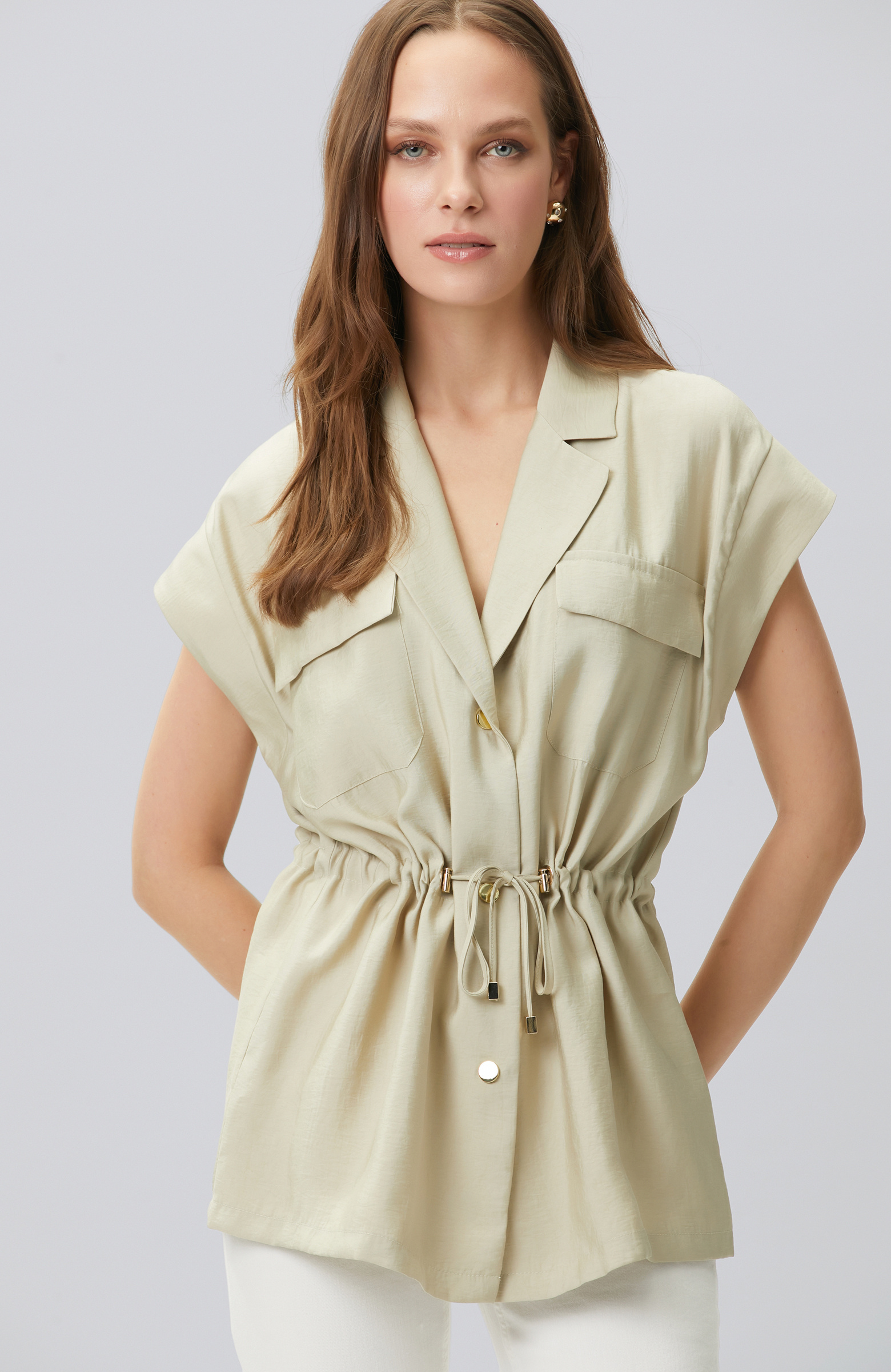 Açık Haki Beli Büzgülü Ceket