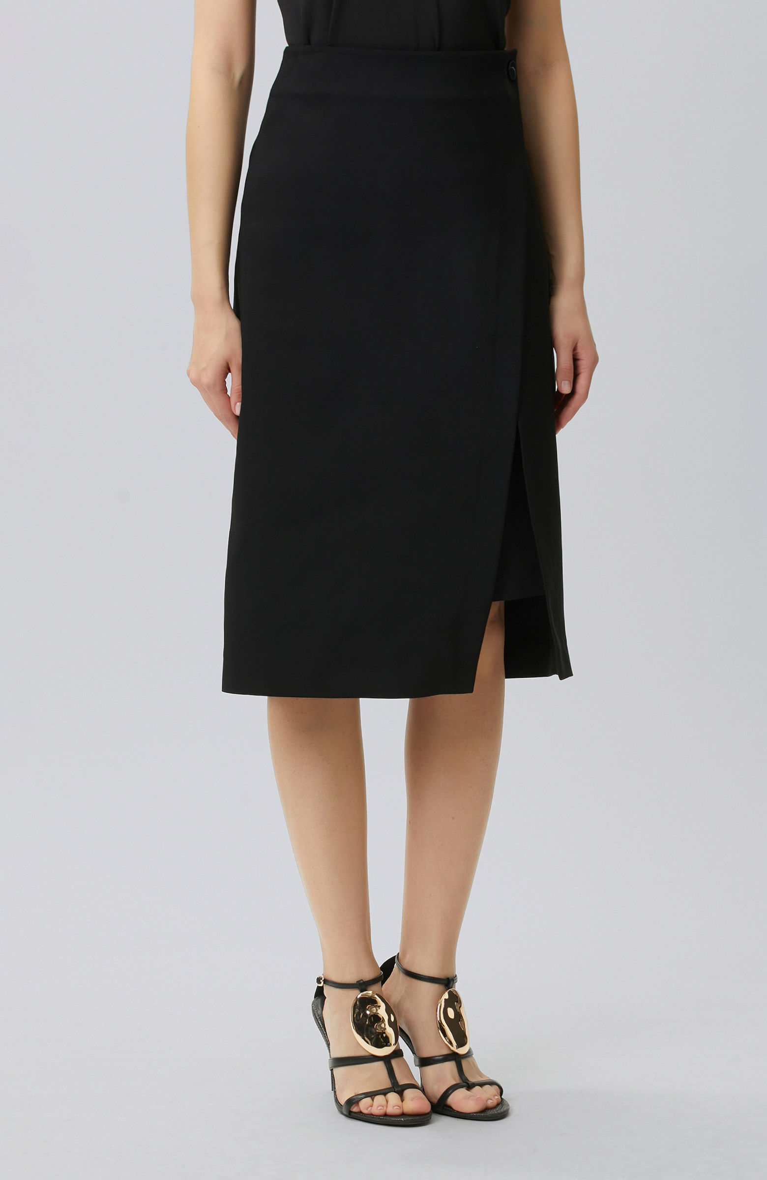 Black Double Breasted Closure Below the Knee Length Skirt