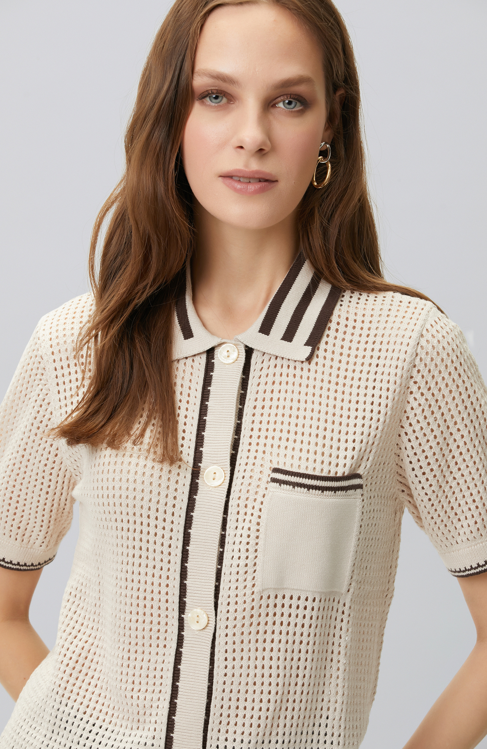Beige Openwork Knitwear Shirt
