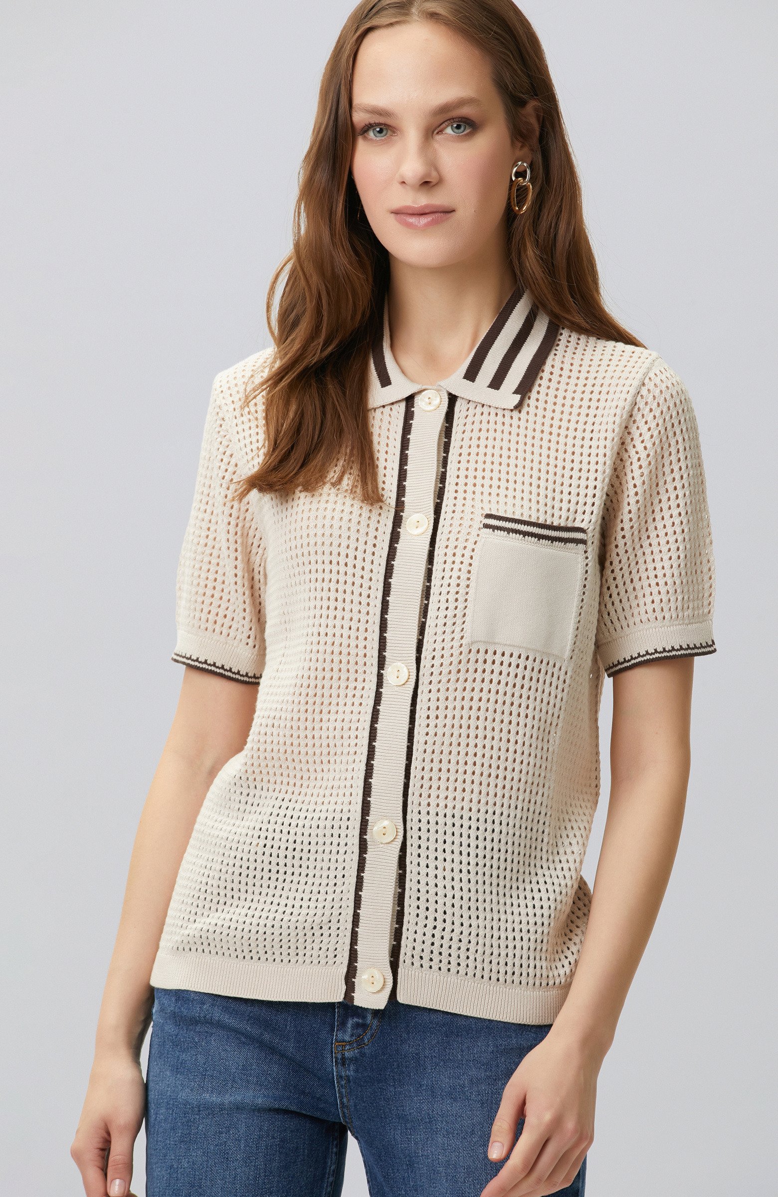 Beige Openwork Knitwear Shirt