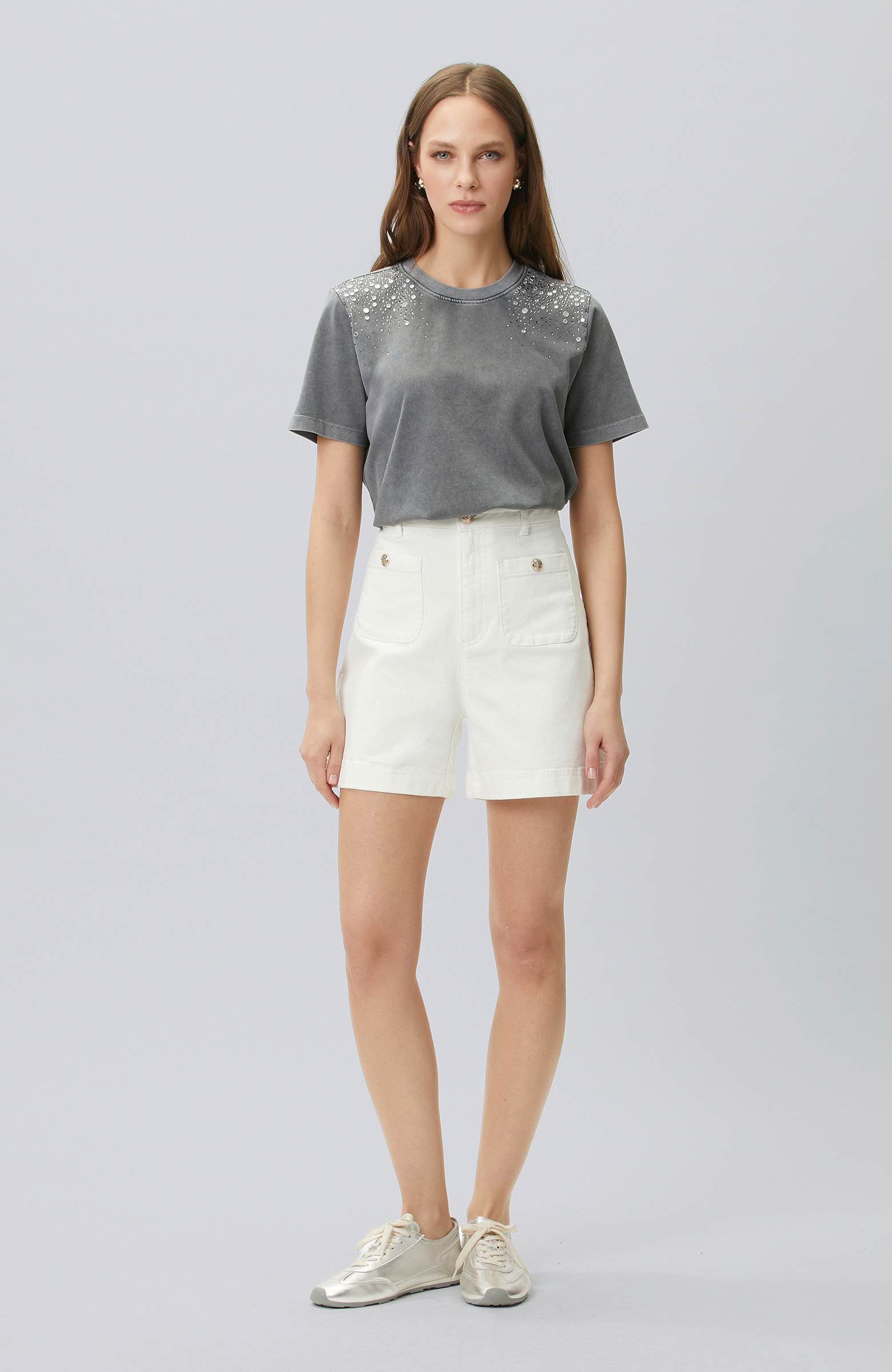 Antrasit Omuz Taş Baskılı T-shirt