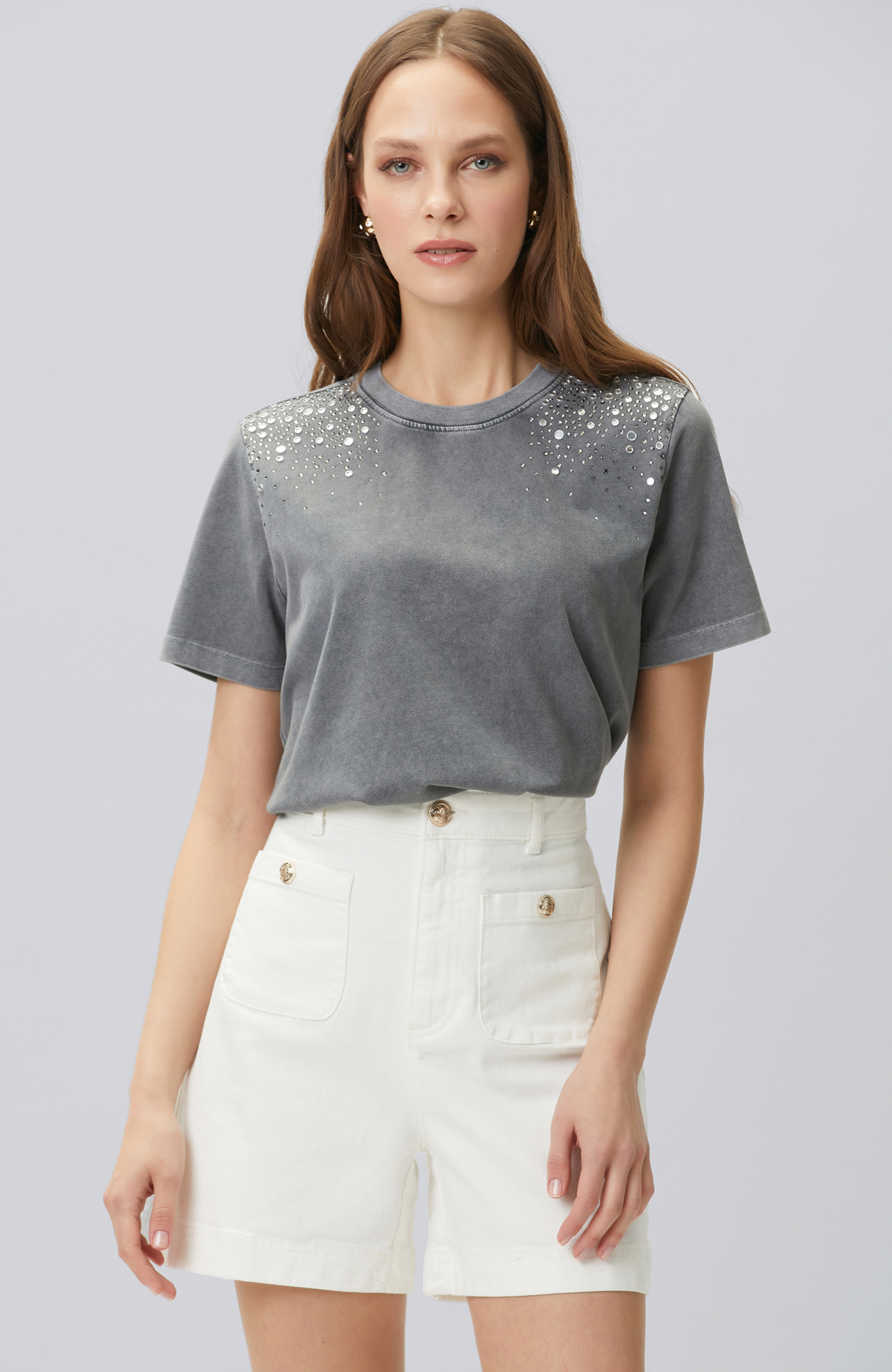 Antrasit Omuz Taş Baskılı T-shirt