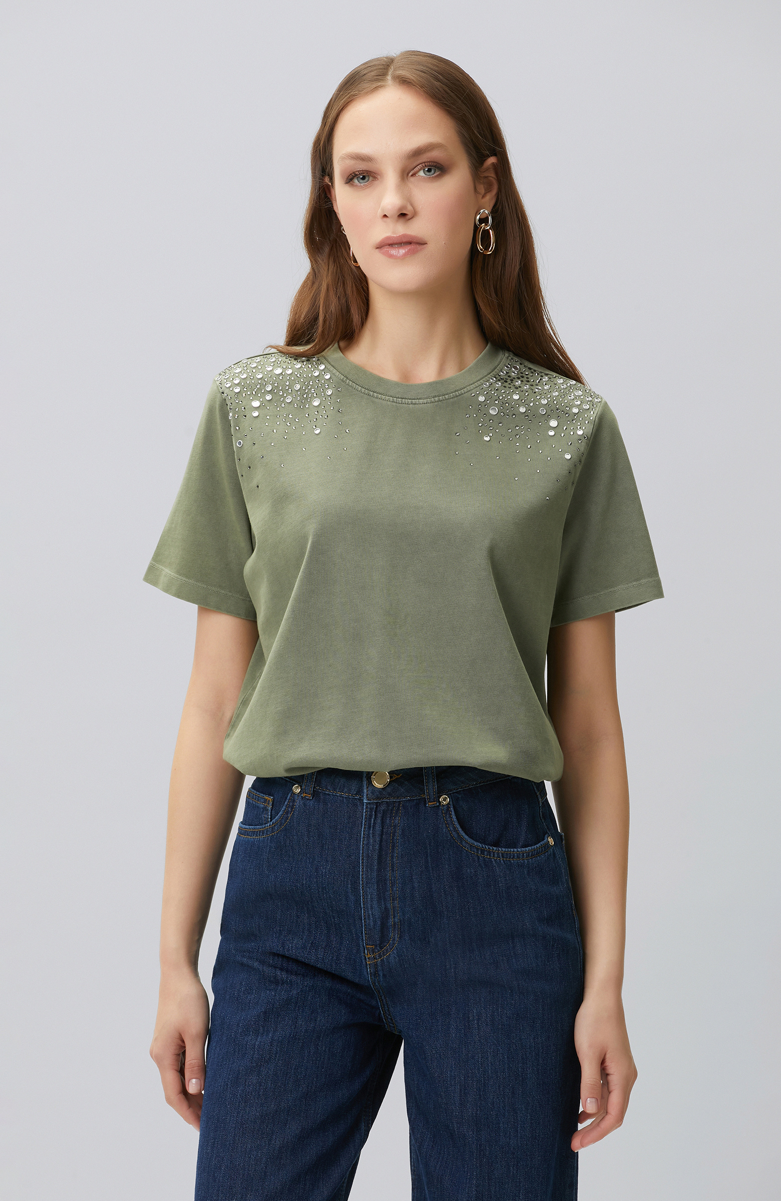 Khaki Shoulder Stone Printed T-shirt