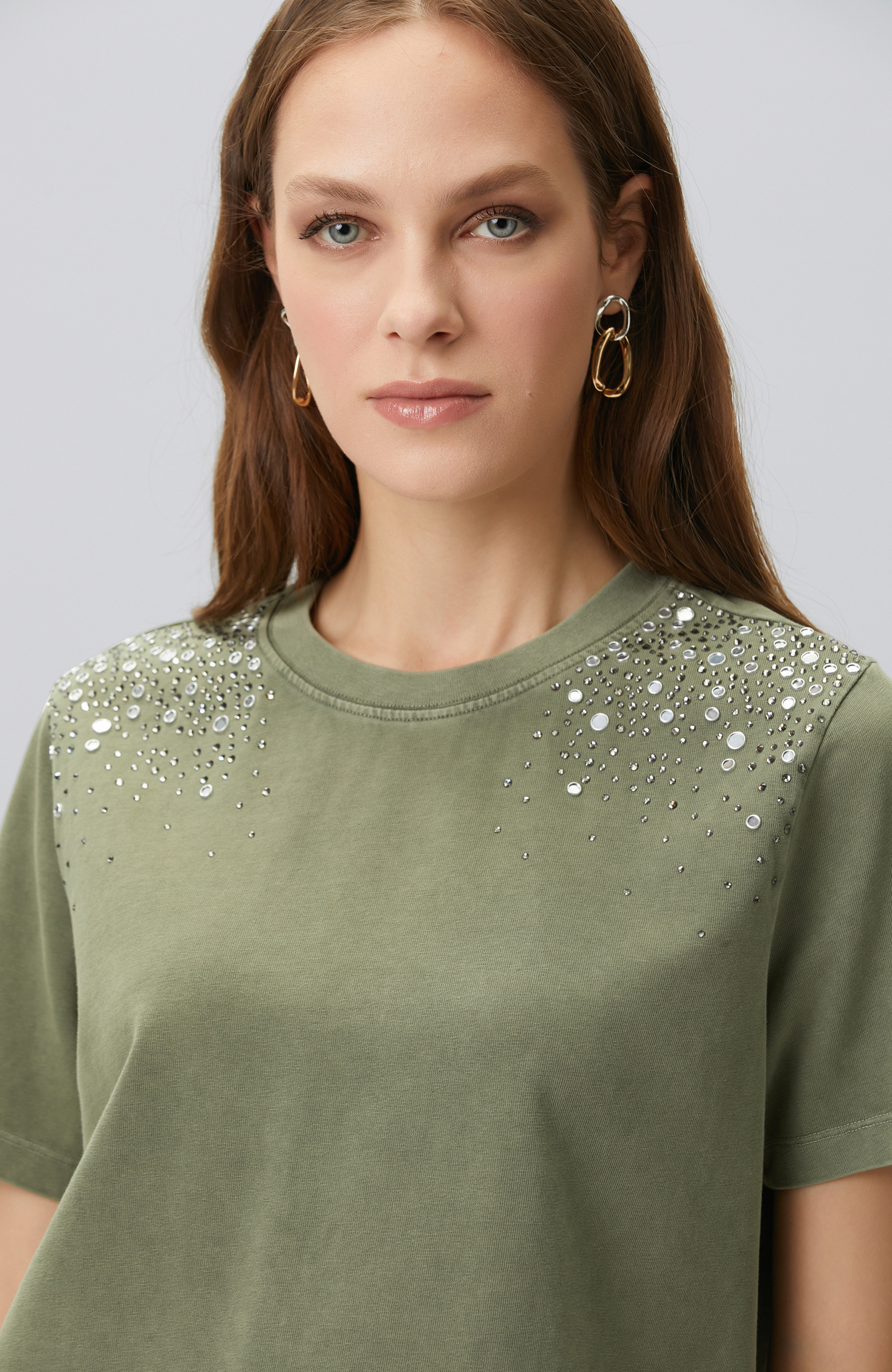 Khaki Shoulder Stone Printed T-shirt