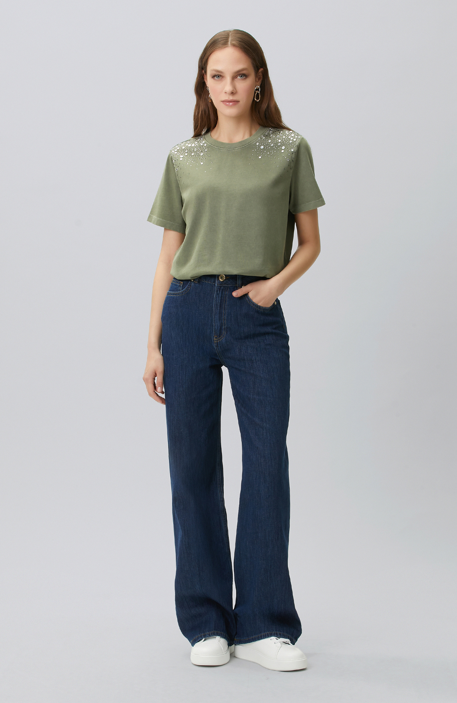 Khaki Shoulder Stone Printed T-shirt