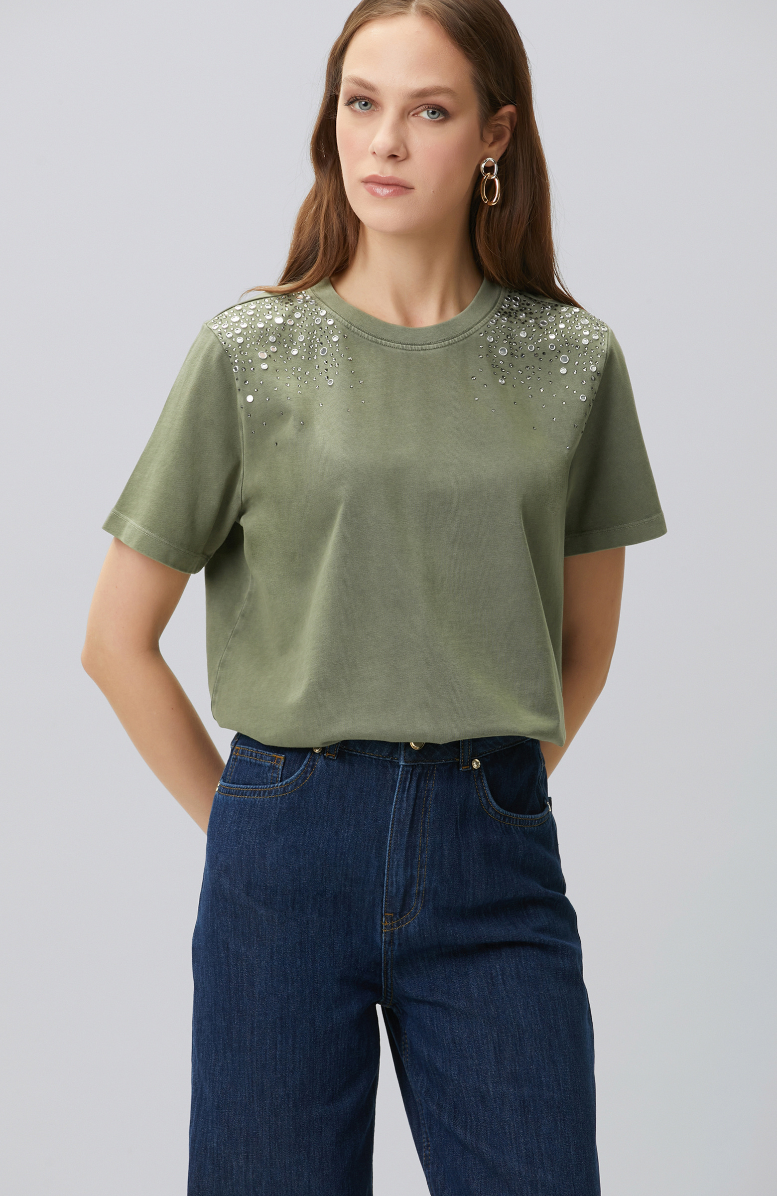 Khaki Shoulder Stone Printed T-shirt