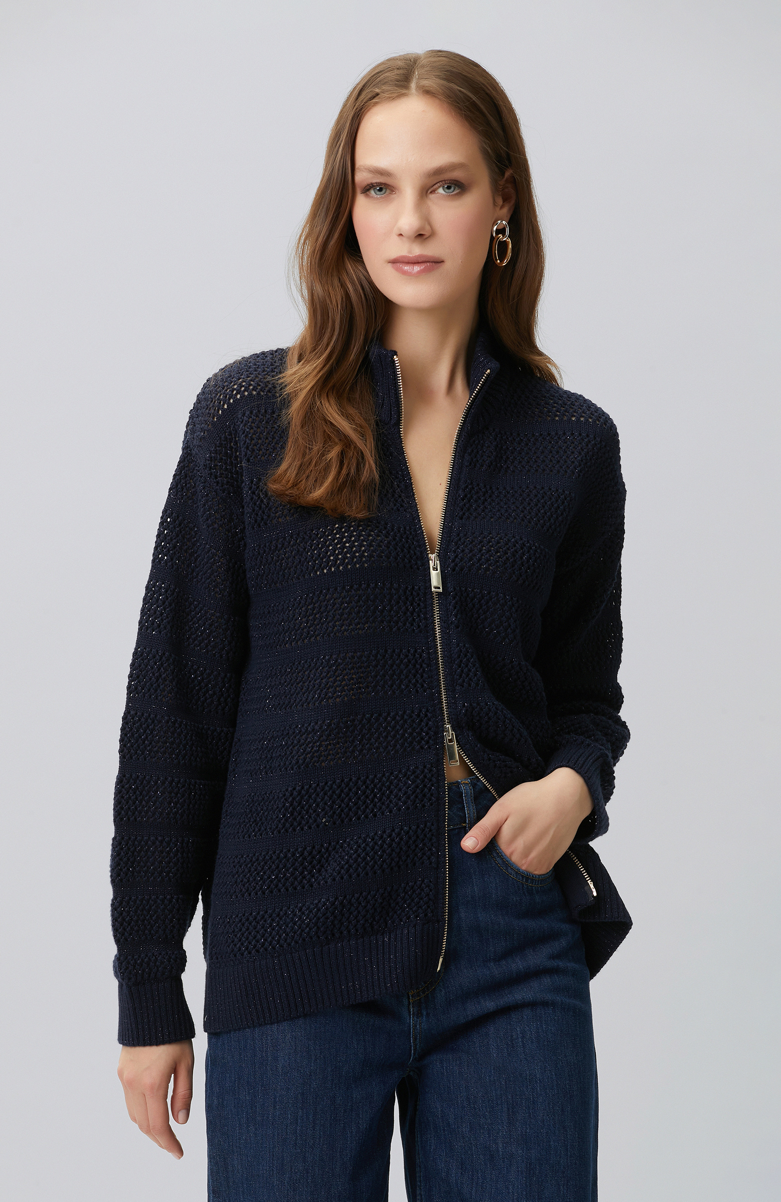 Navy Blue Silvery Openwork Cardigan