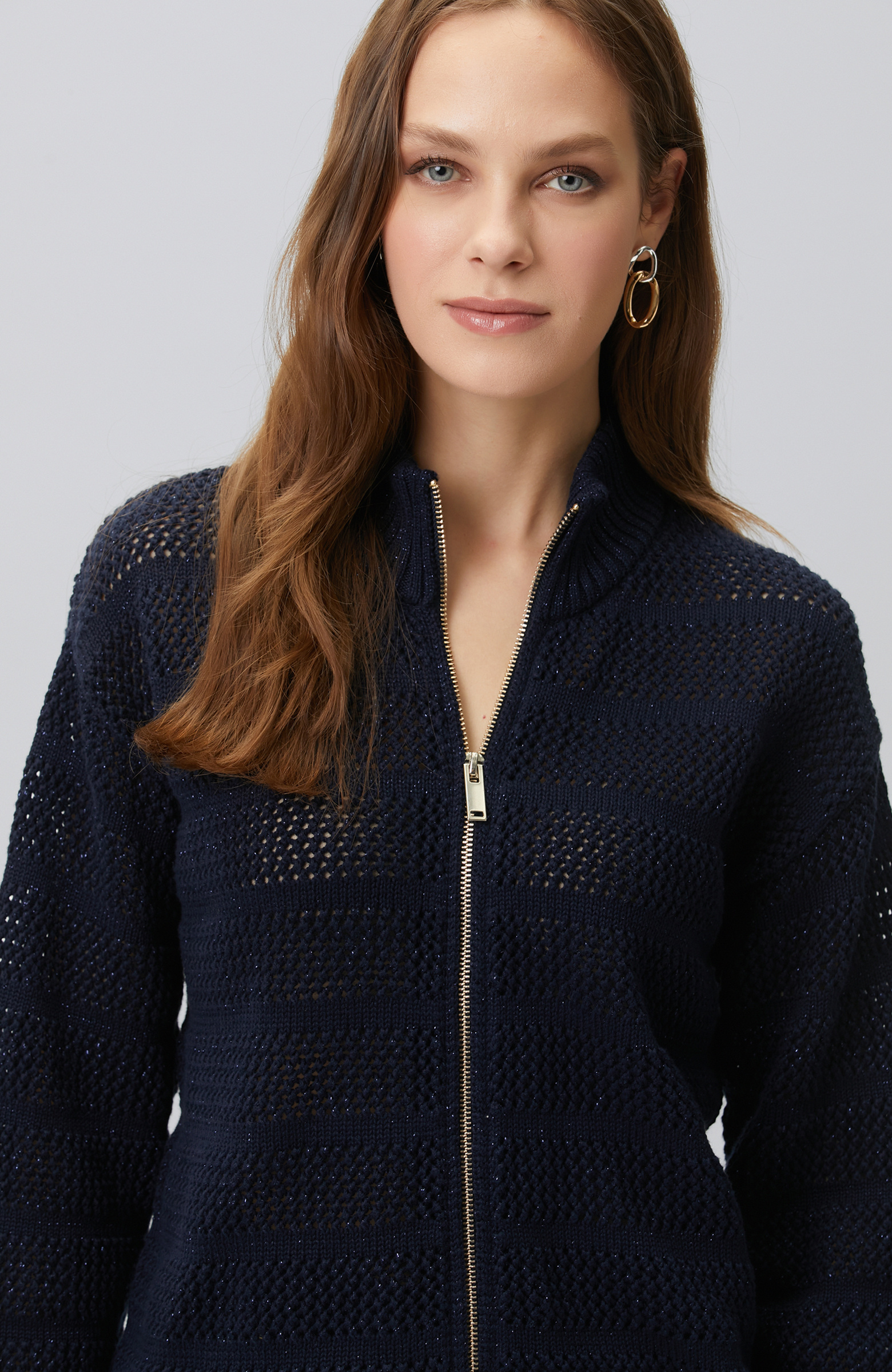 Navy Blue Silvery Openwork Cardigan