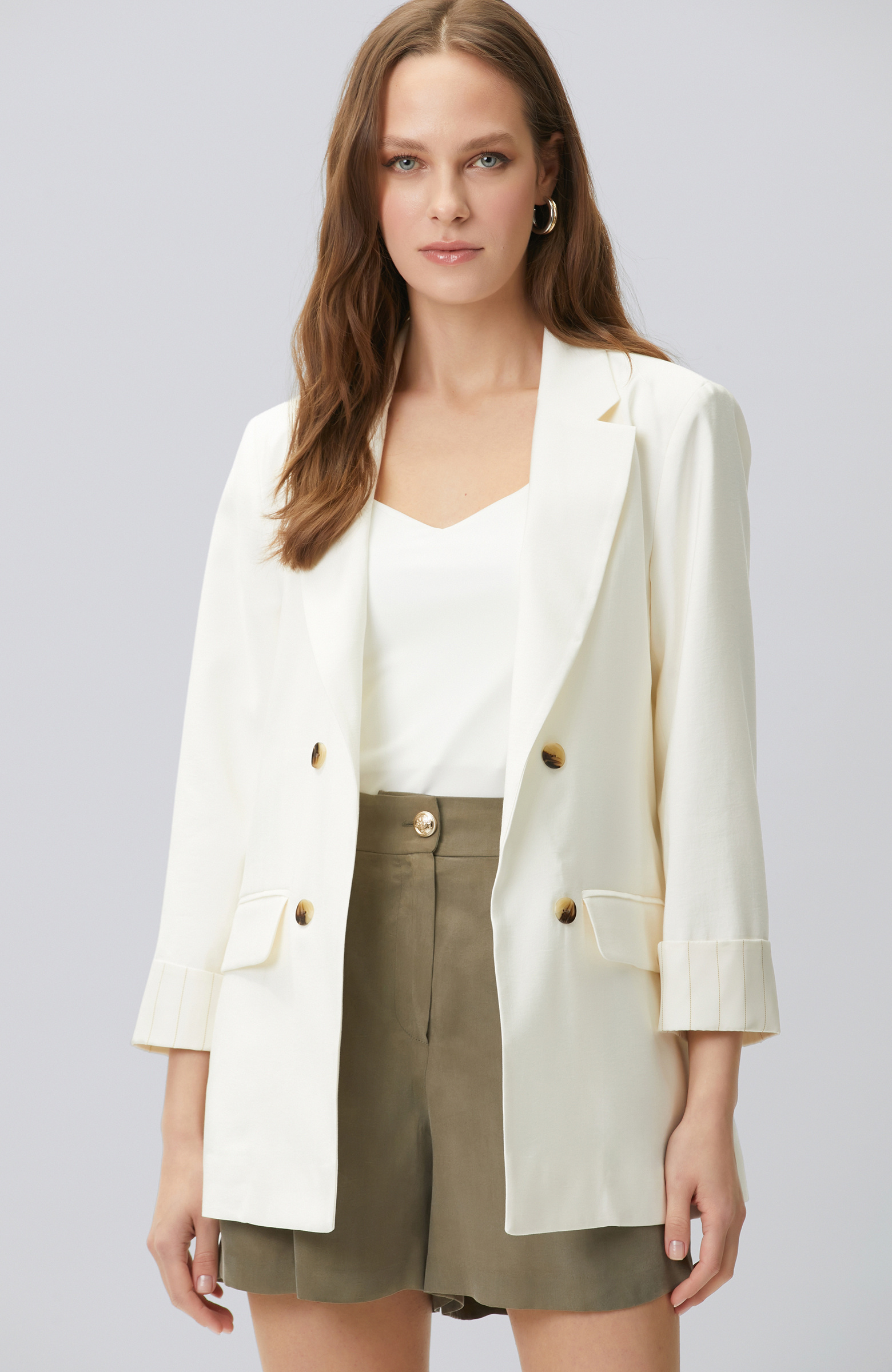 White Open Double Breasted Sleeve End Patterned Lined Jacket