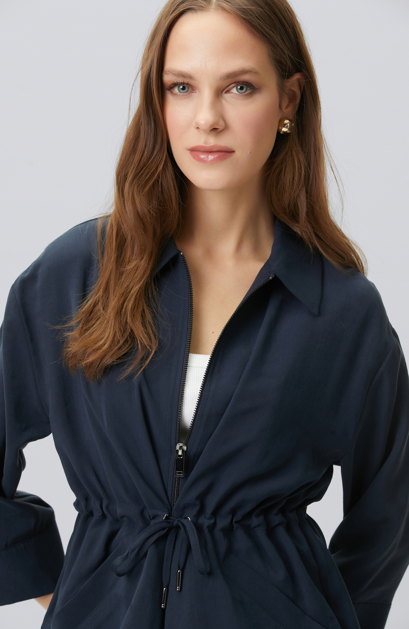 Lacivert Açık Kruvaze Kol Ucu Desenli Ceket