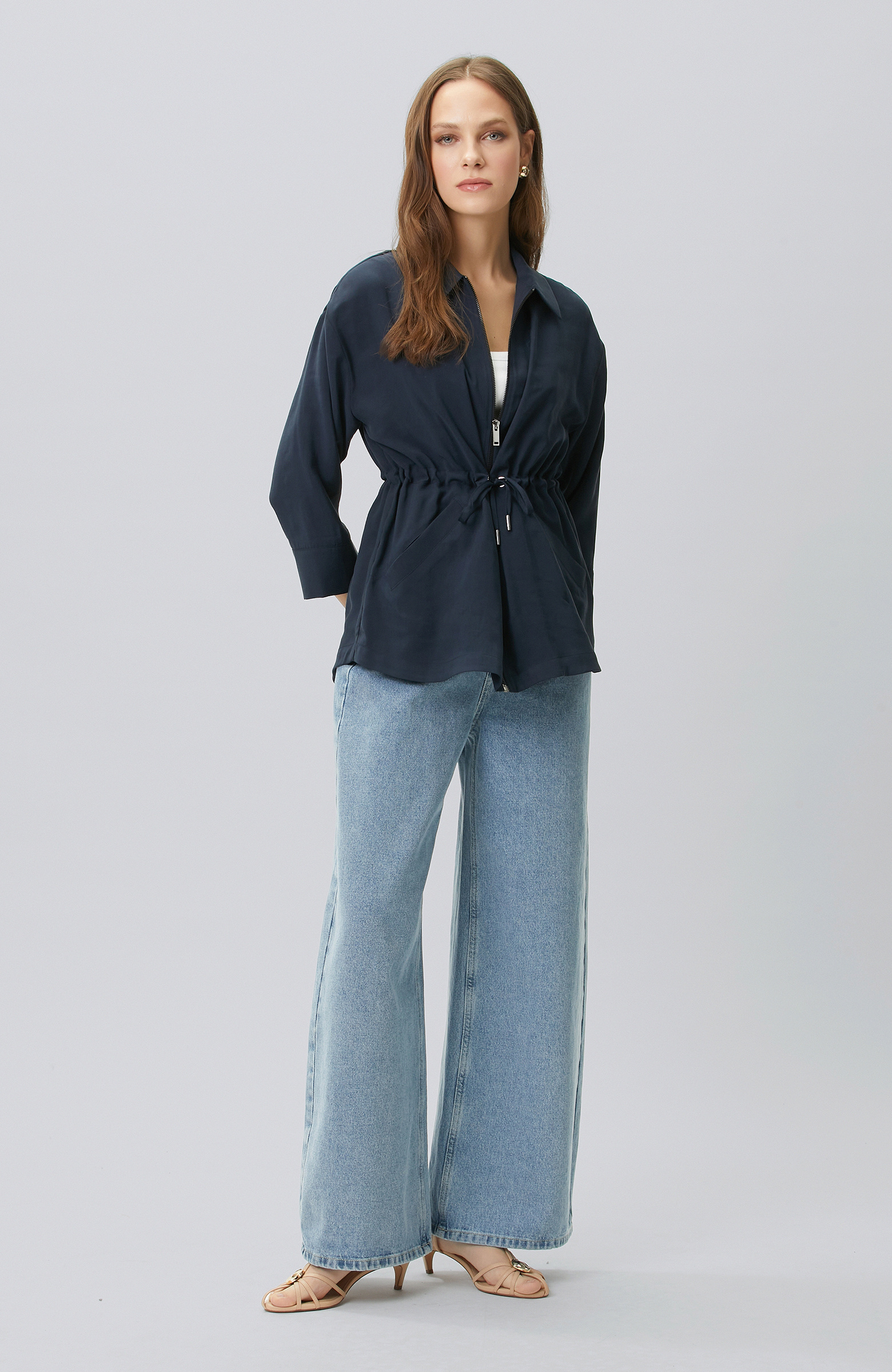 Lacivert Açık Kruvaze Kol Ucu Desenli Ceket