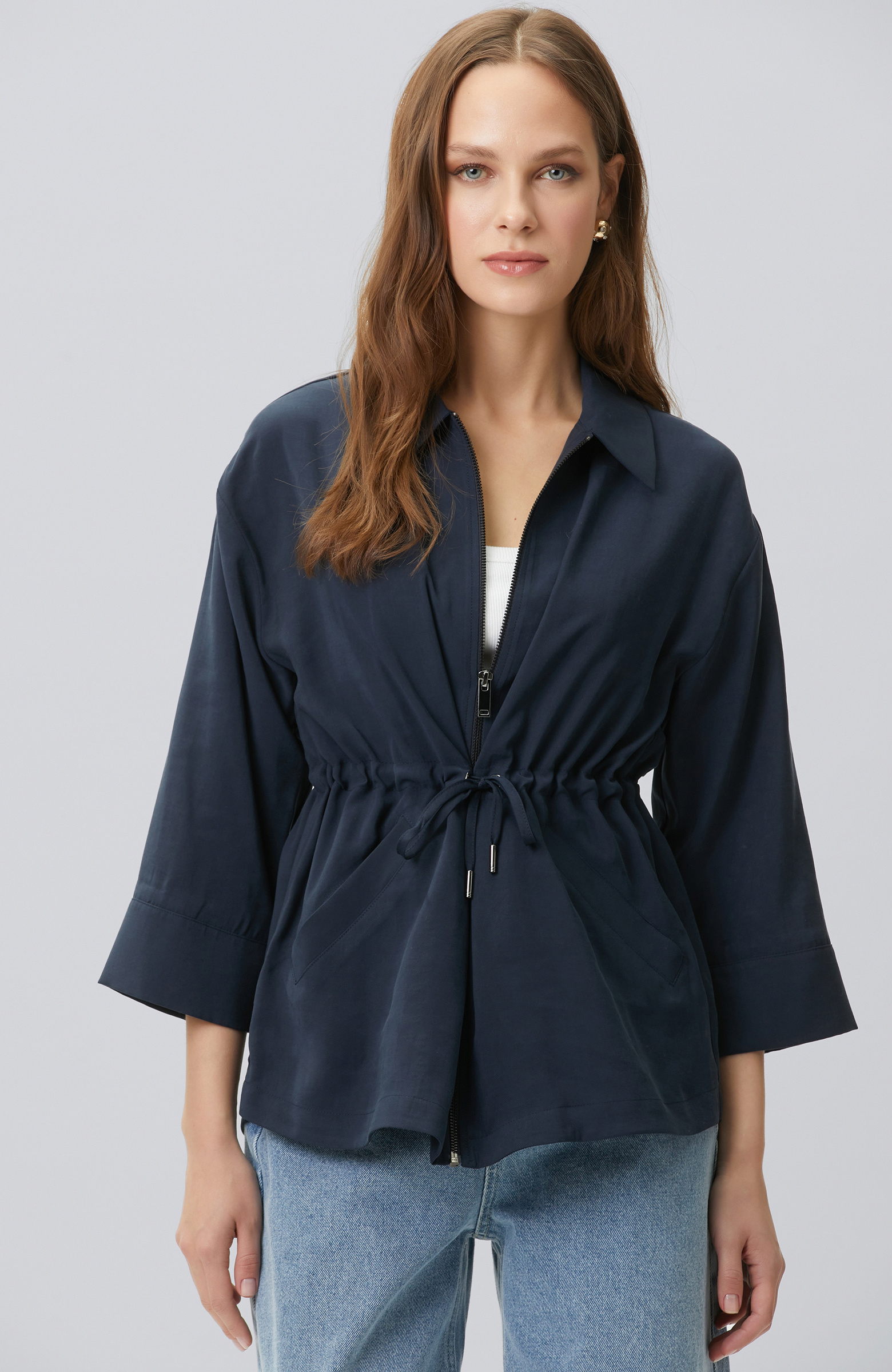 Lacivert Açık Kruvaze Kol Ucu Desenli Ceket