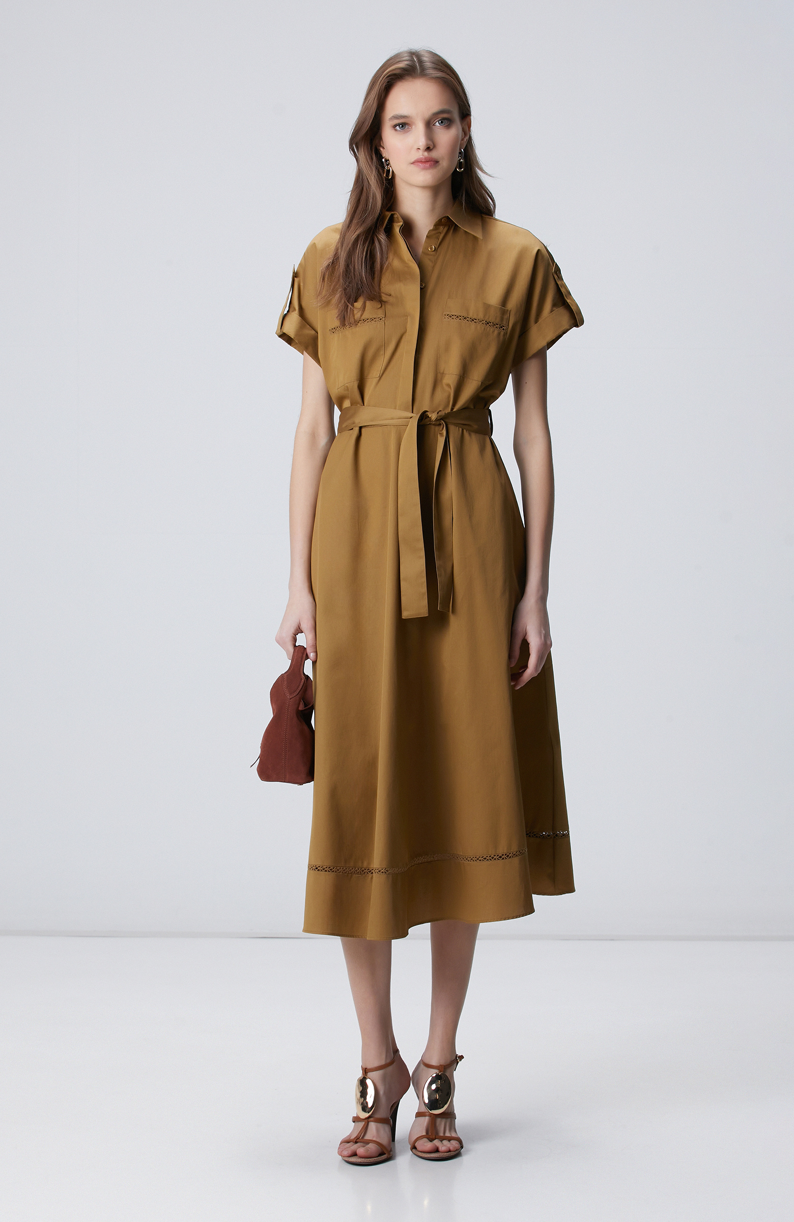 Hardal Cepli Kuruşeta Detaylı Midi Elbise