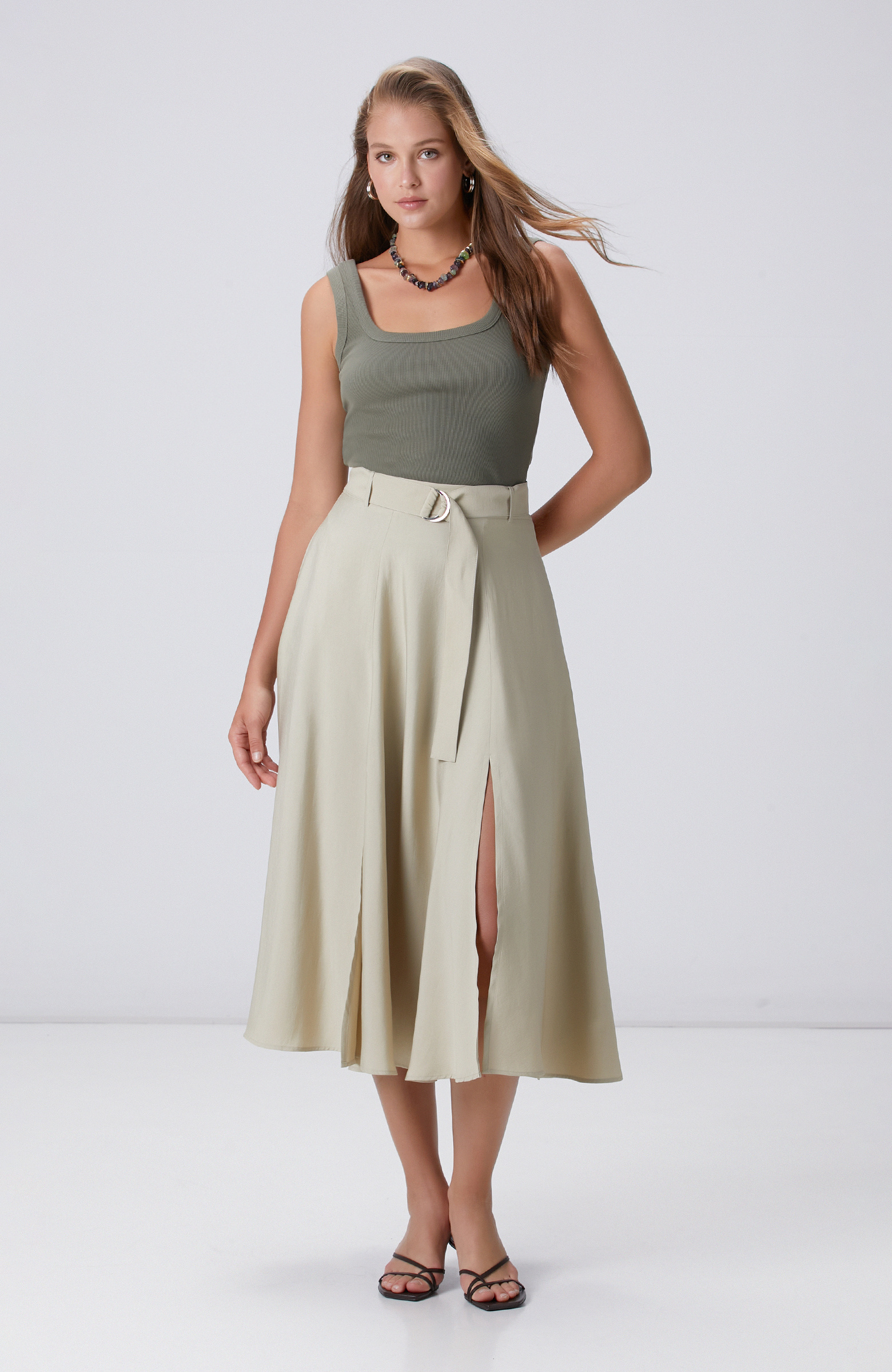Açık Haki Çift Yırtmaçlı Midi Etek