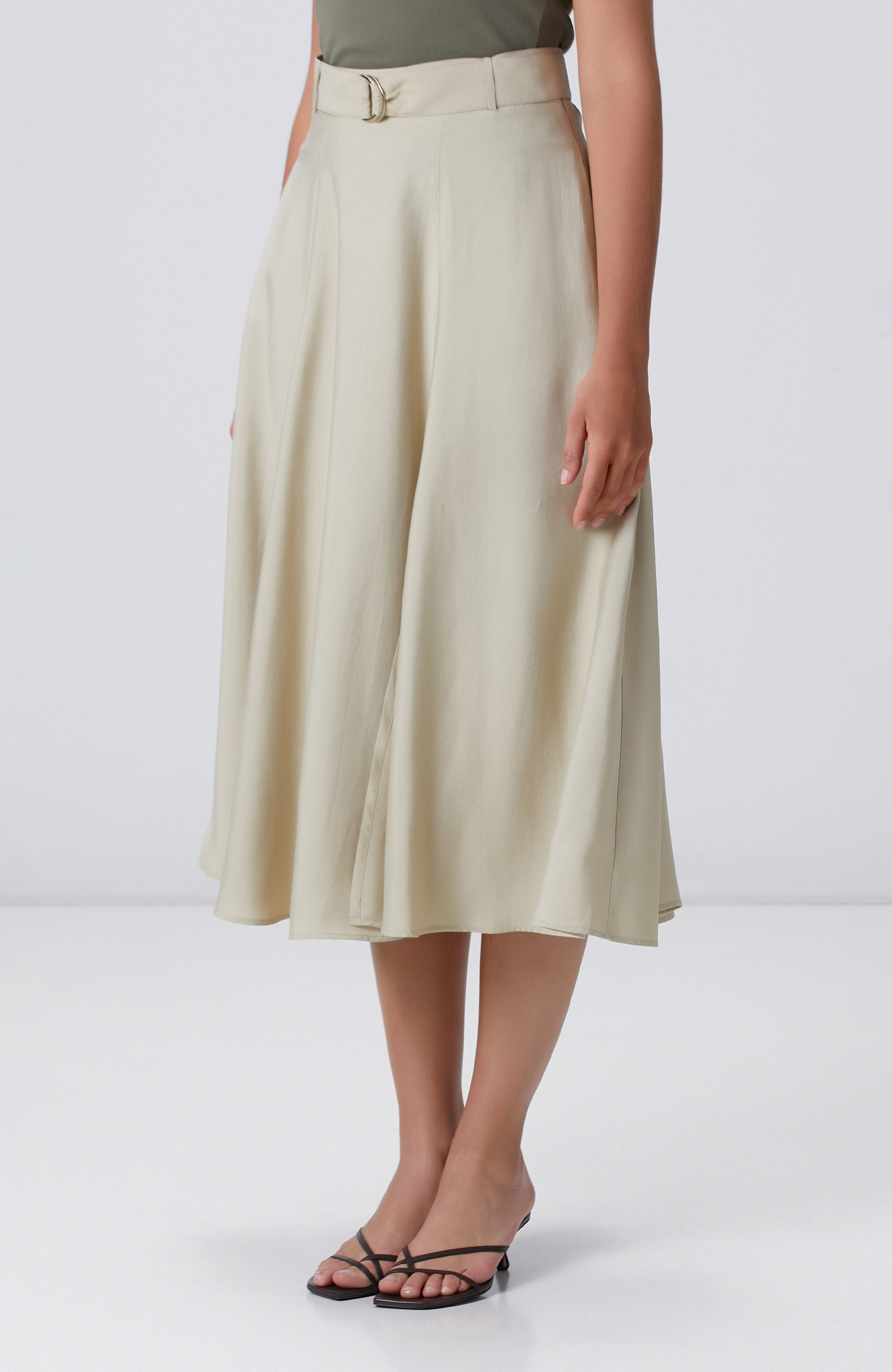 Açık Haki Çift Yırtmaçlı Midi Etek