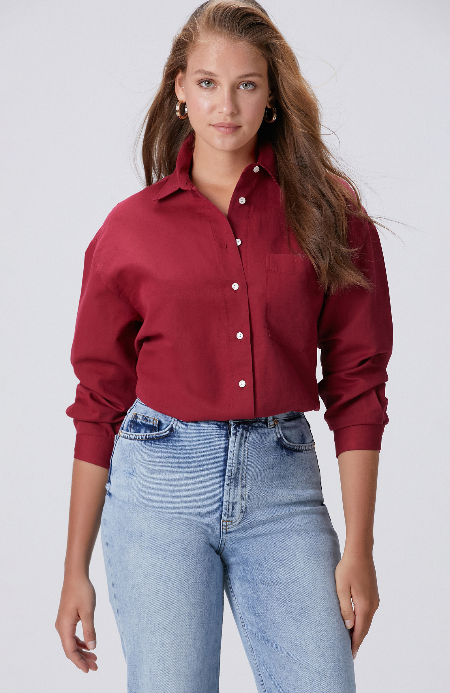 Cherry Pocket Detailed Basic Linen Mix Shirt