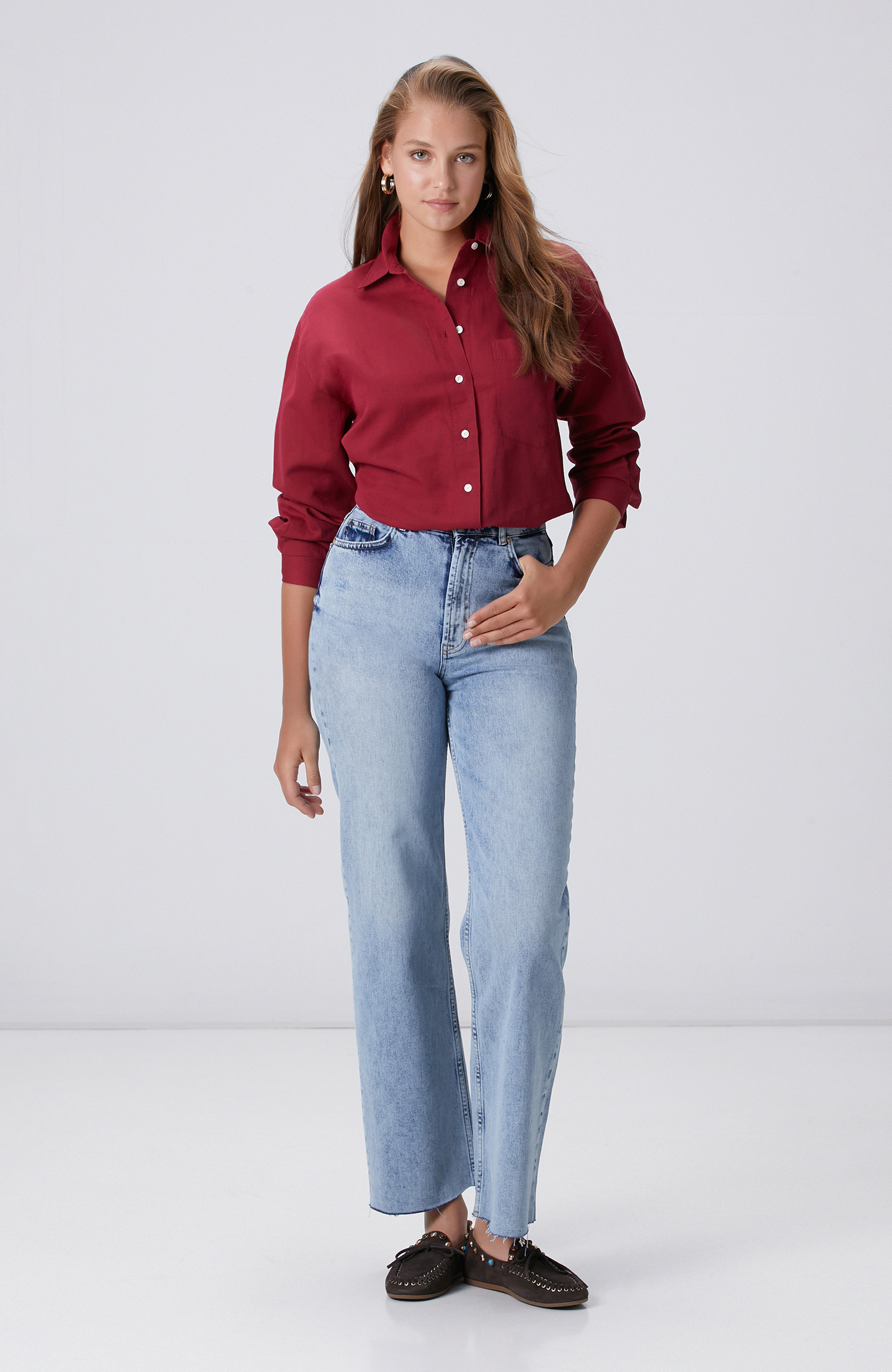Cherry Pocket Detailed Basic Linen Mix Shirt
