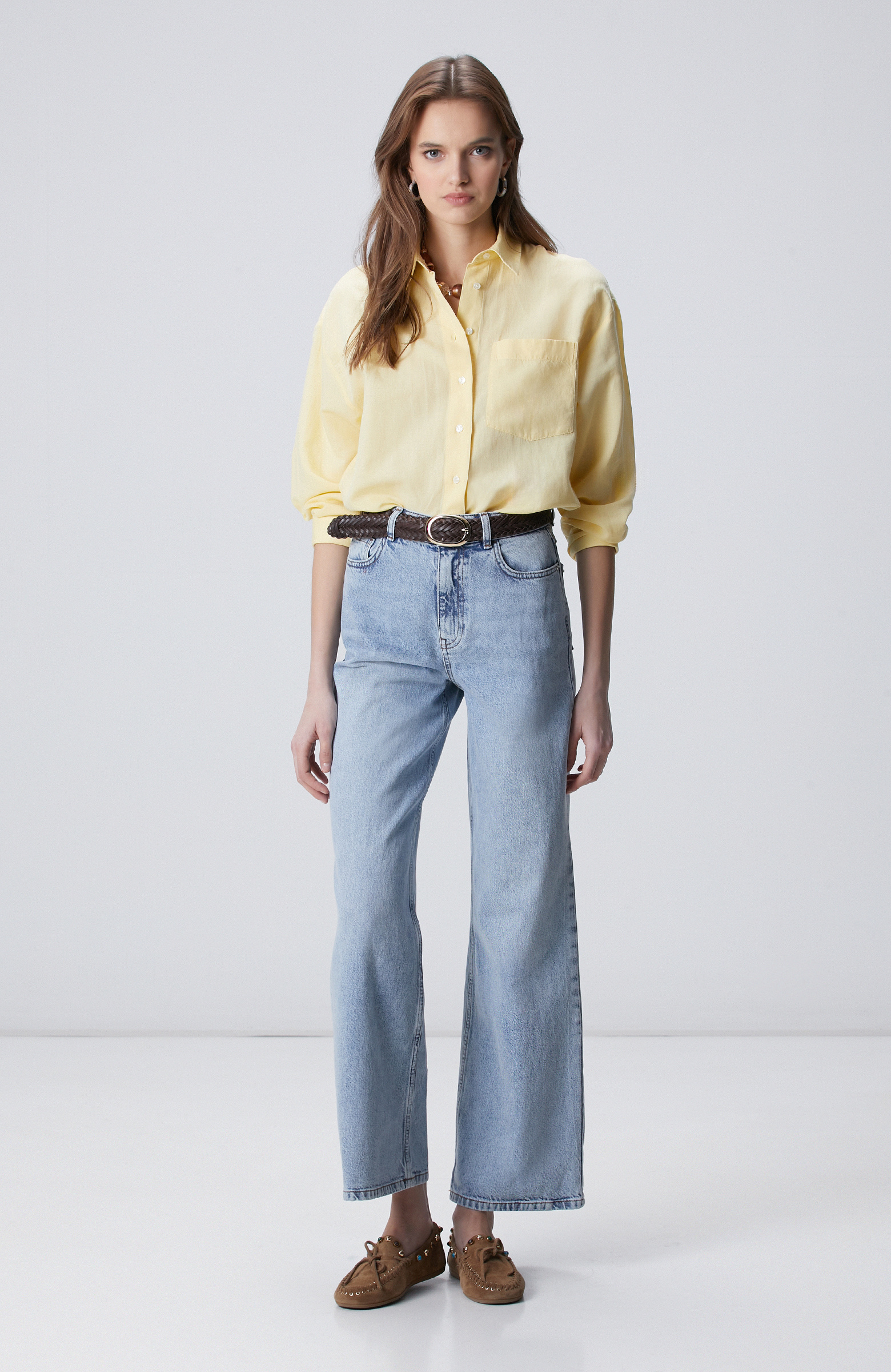 Sarı Cep Detaylı Basic Keten Karışımlı Gömlek