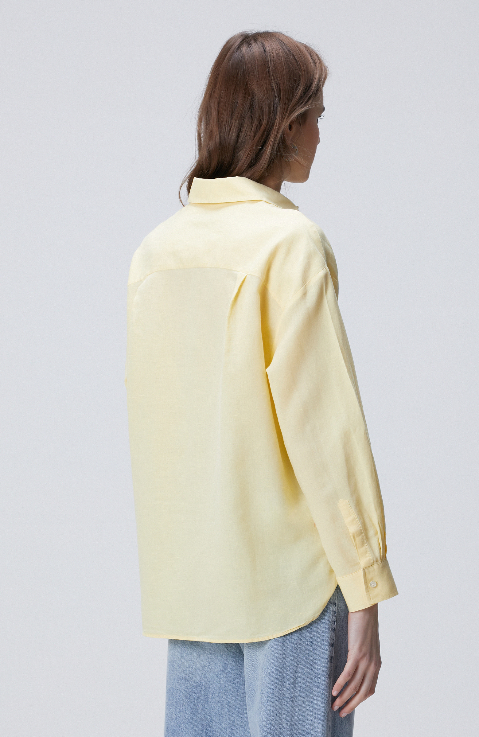 Sarı Cep Detaylı Basic Keten Karışımlı Gömlek