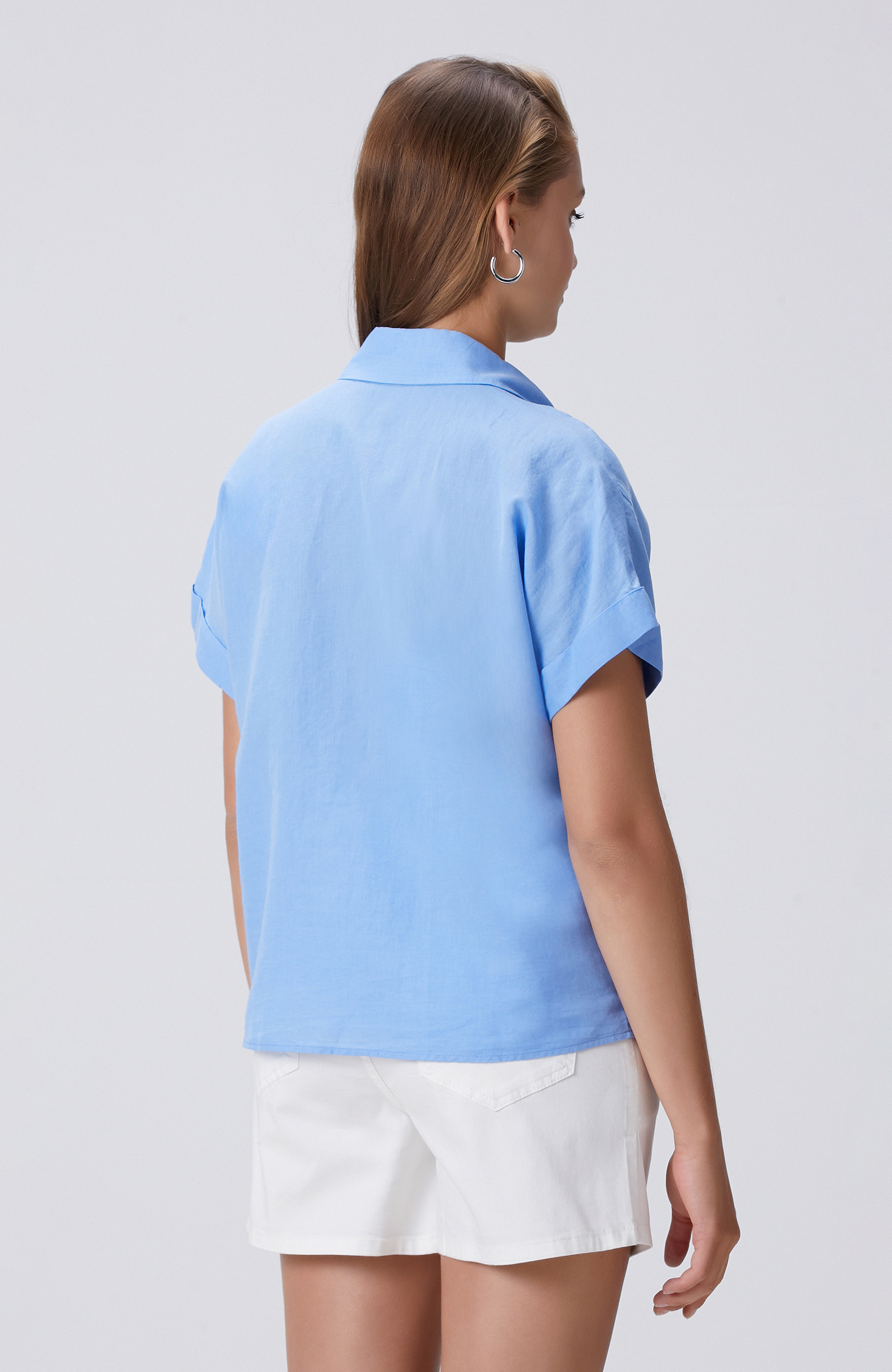 Mavi Keten Karışımlı Kısa Kollu Gömlek