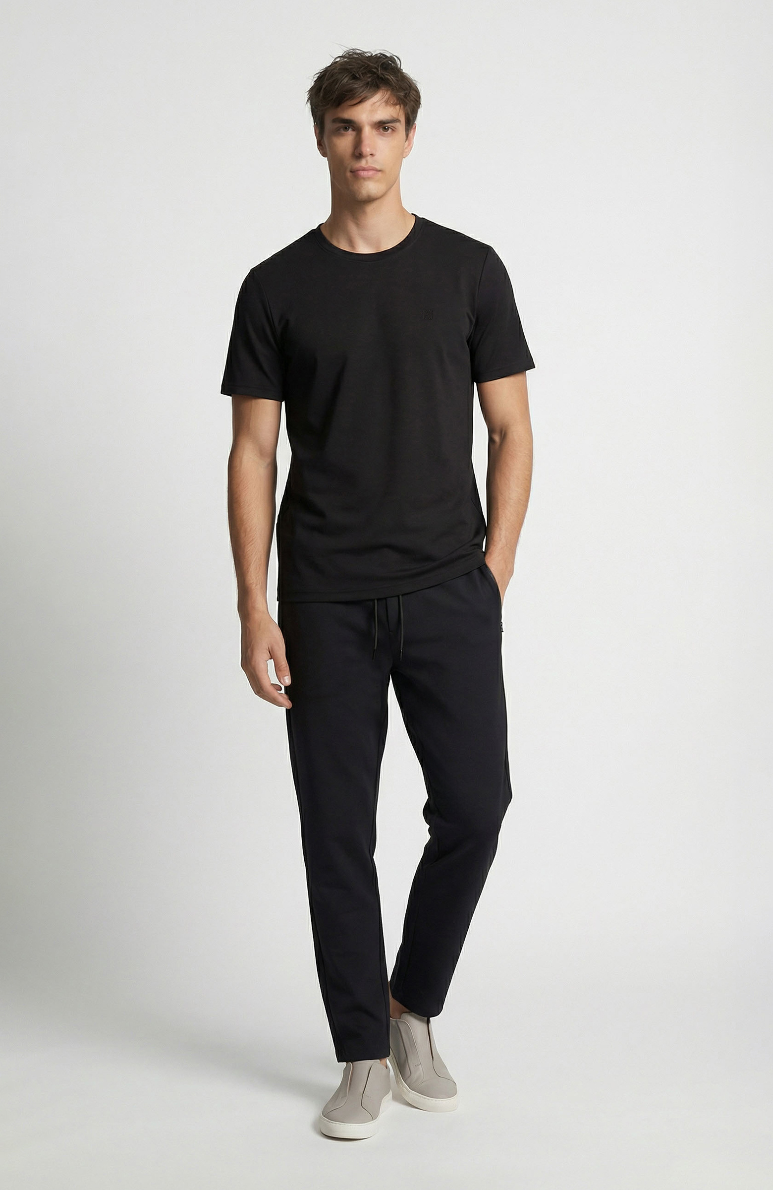 Siyah Bisiklet Yaka Pike Desenli Basic T-shirt