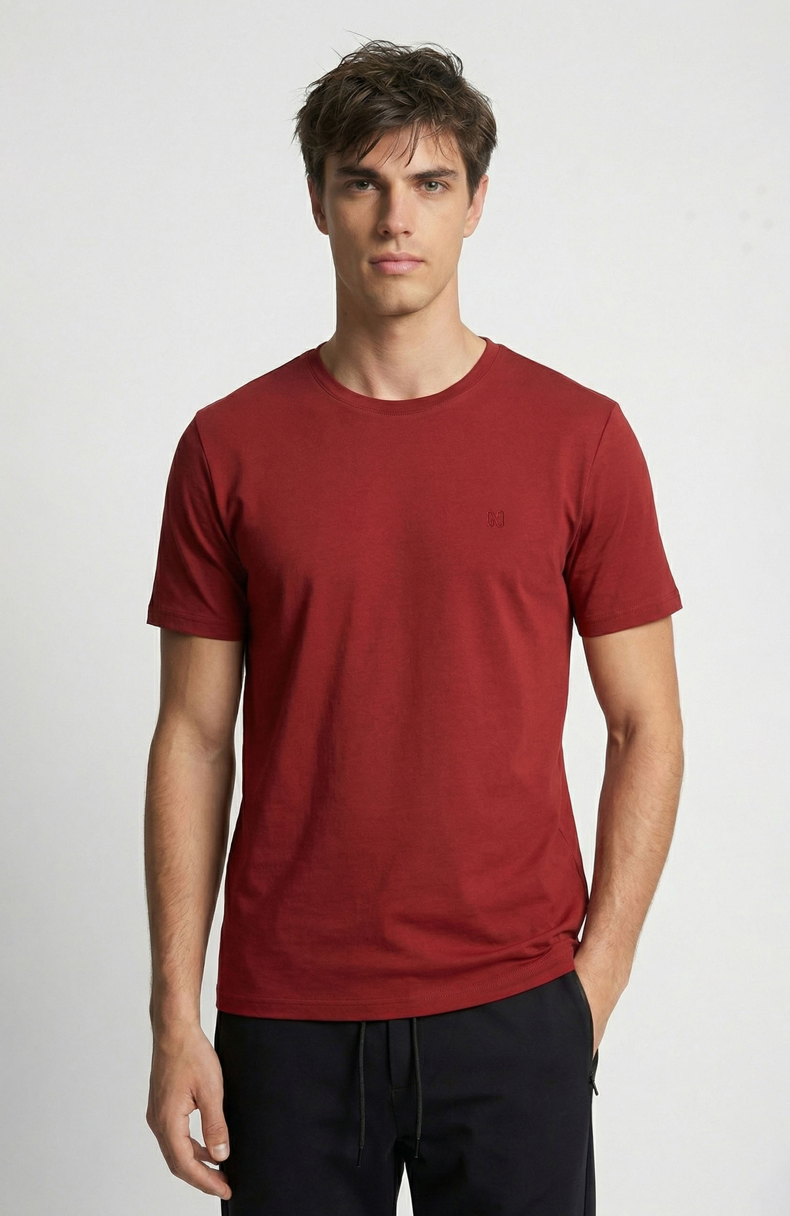 Bordo Bisiklet Yaka Pike Desen Basic T-shirt