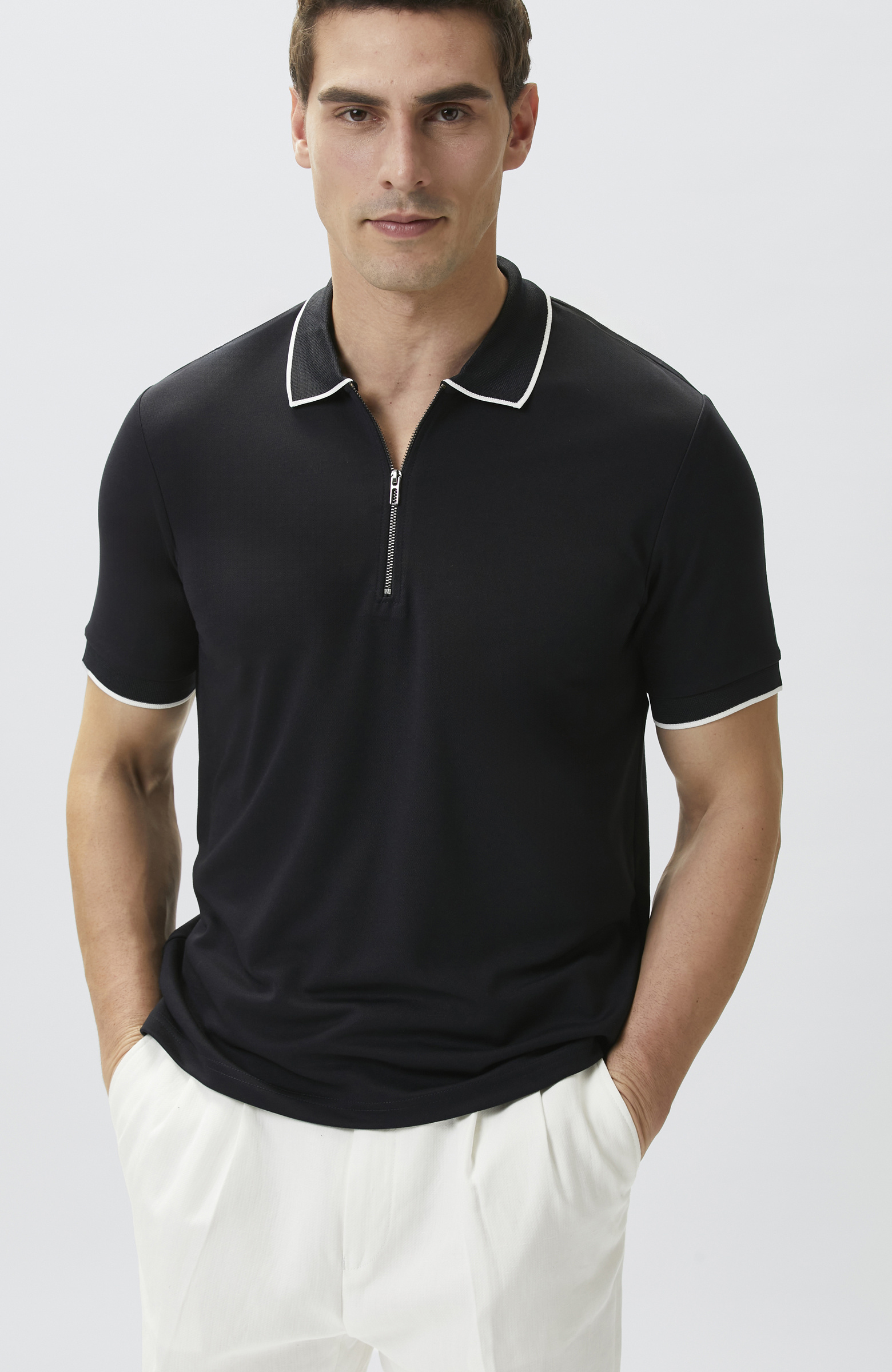 Lacivert Polo Yaka Pike Desen T-shirt