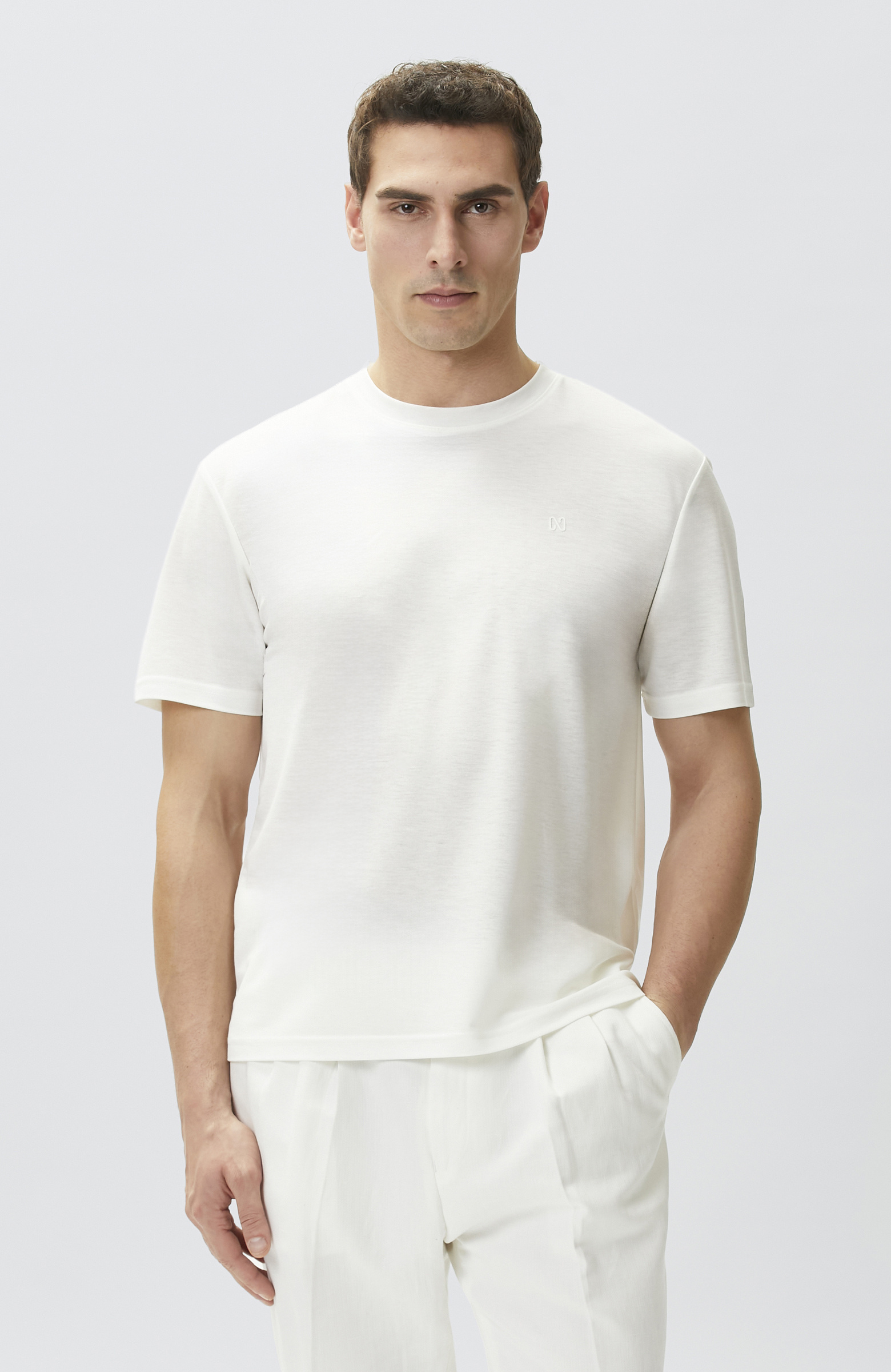 Comfort Fit Kırık Beyaz Bisiklet Yaka T-shirt