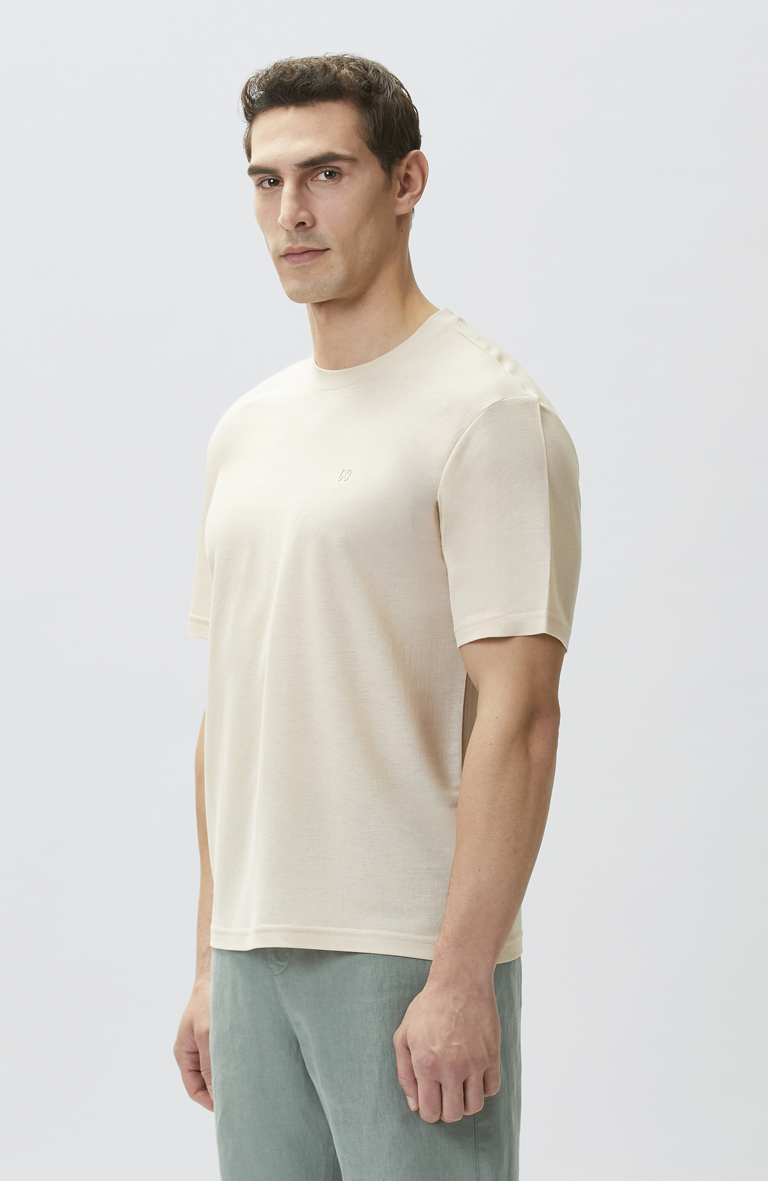Comfort Fit Bej Bisiklet Yaka T-shirt