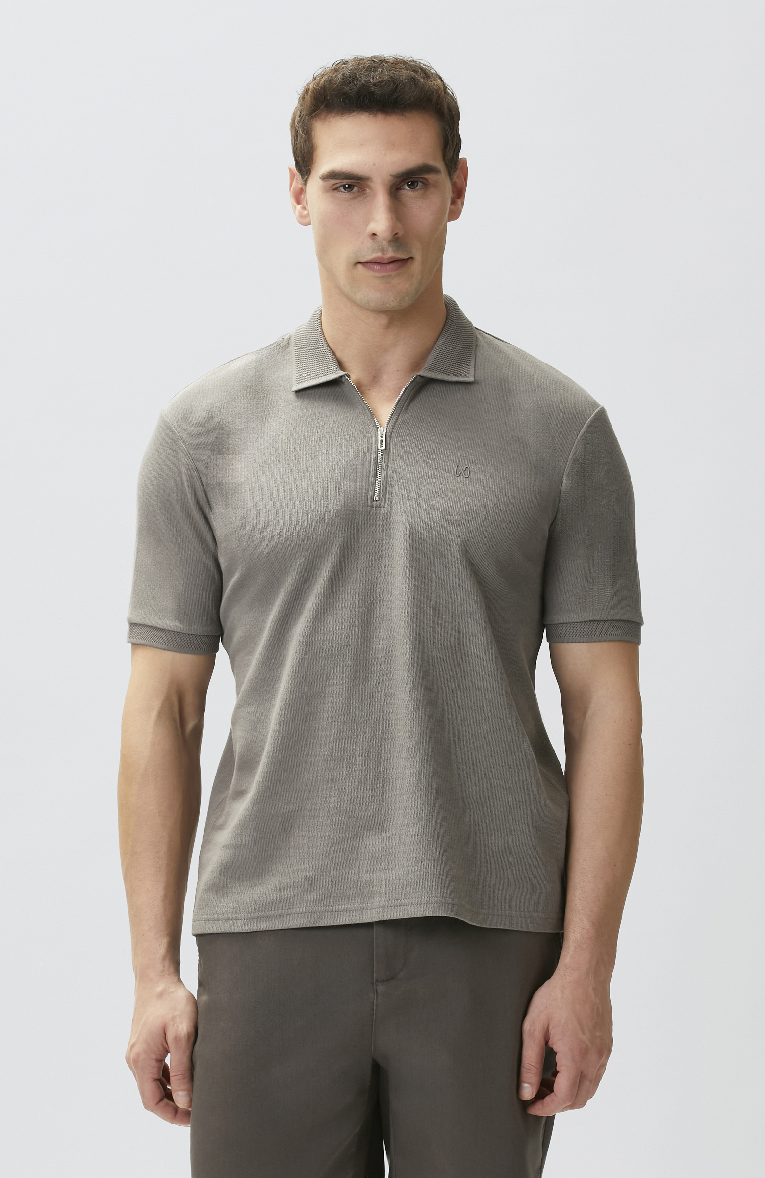 Vizon Fermuarlı Polo Yaka Jakarlı T-shirt